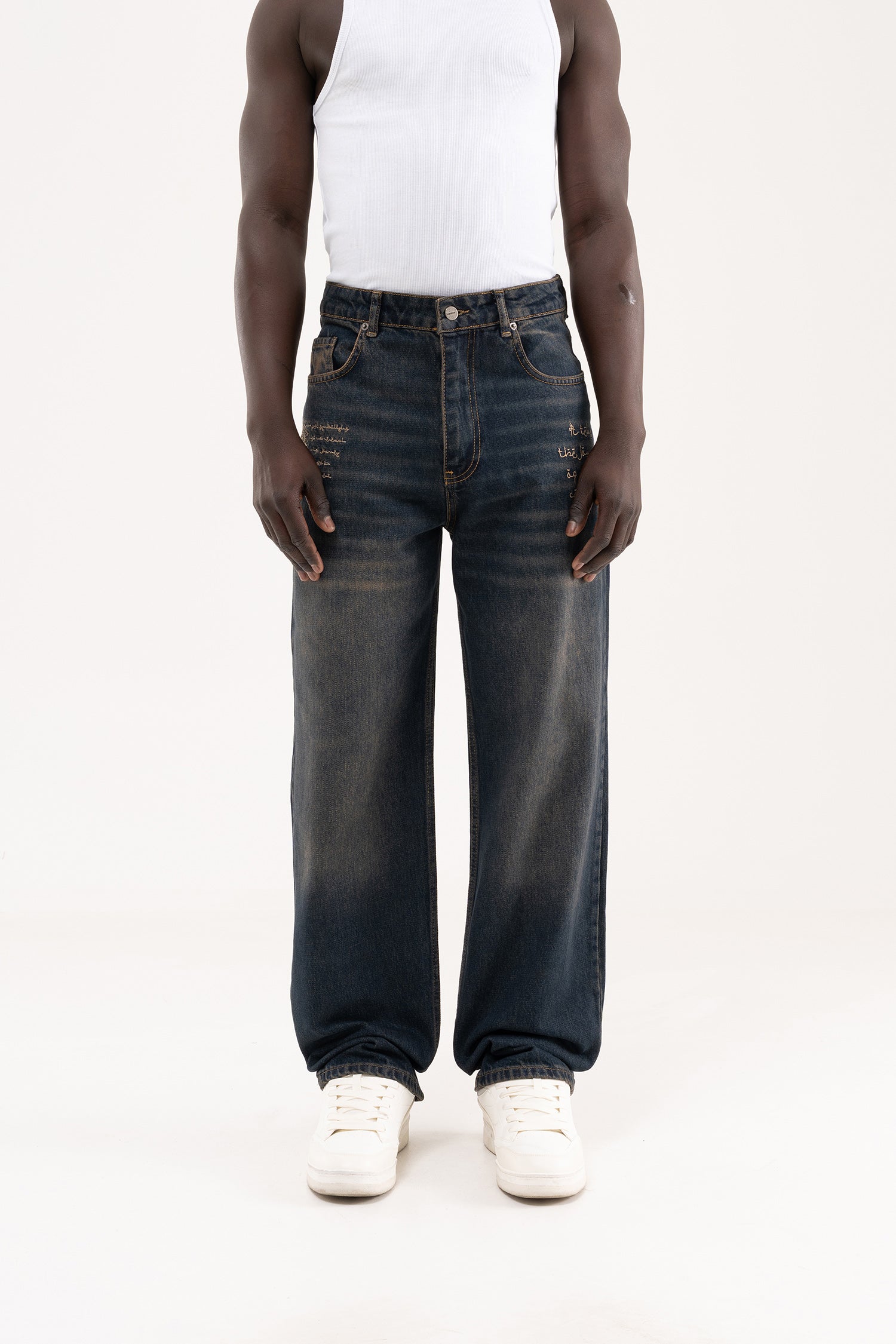 Erkek Etnik Nakışlı Baggy Jean Pantolon Tintli Mavi