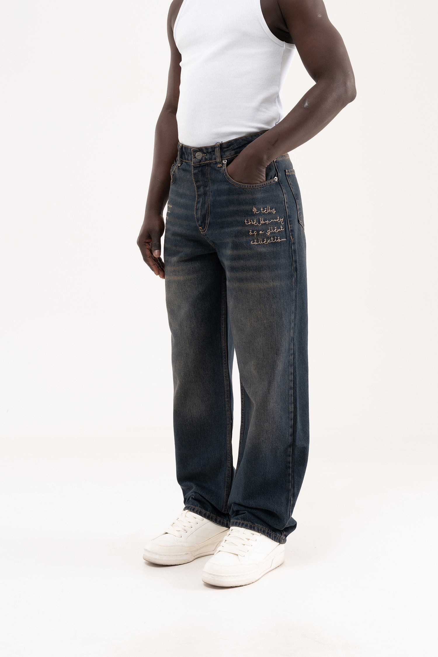 Erkek Etnik Nakışlı Baggy Jean Pantolon Tintli Mavi