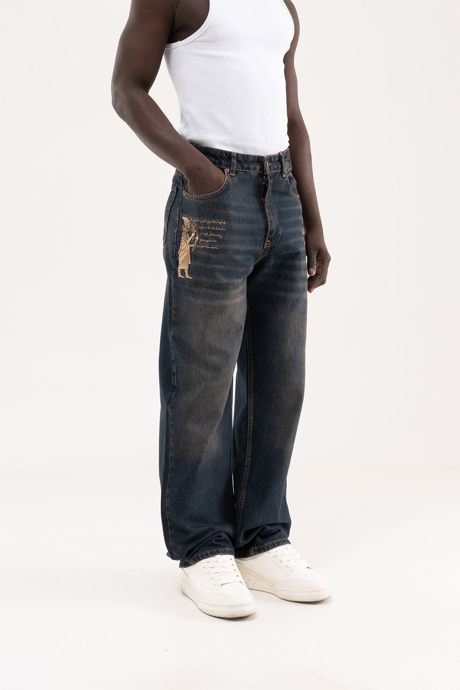 Erkek Etnik Nakışlı Baggy Jean Pantolon Tintli Mavi-3