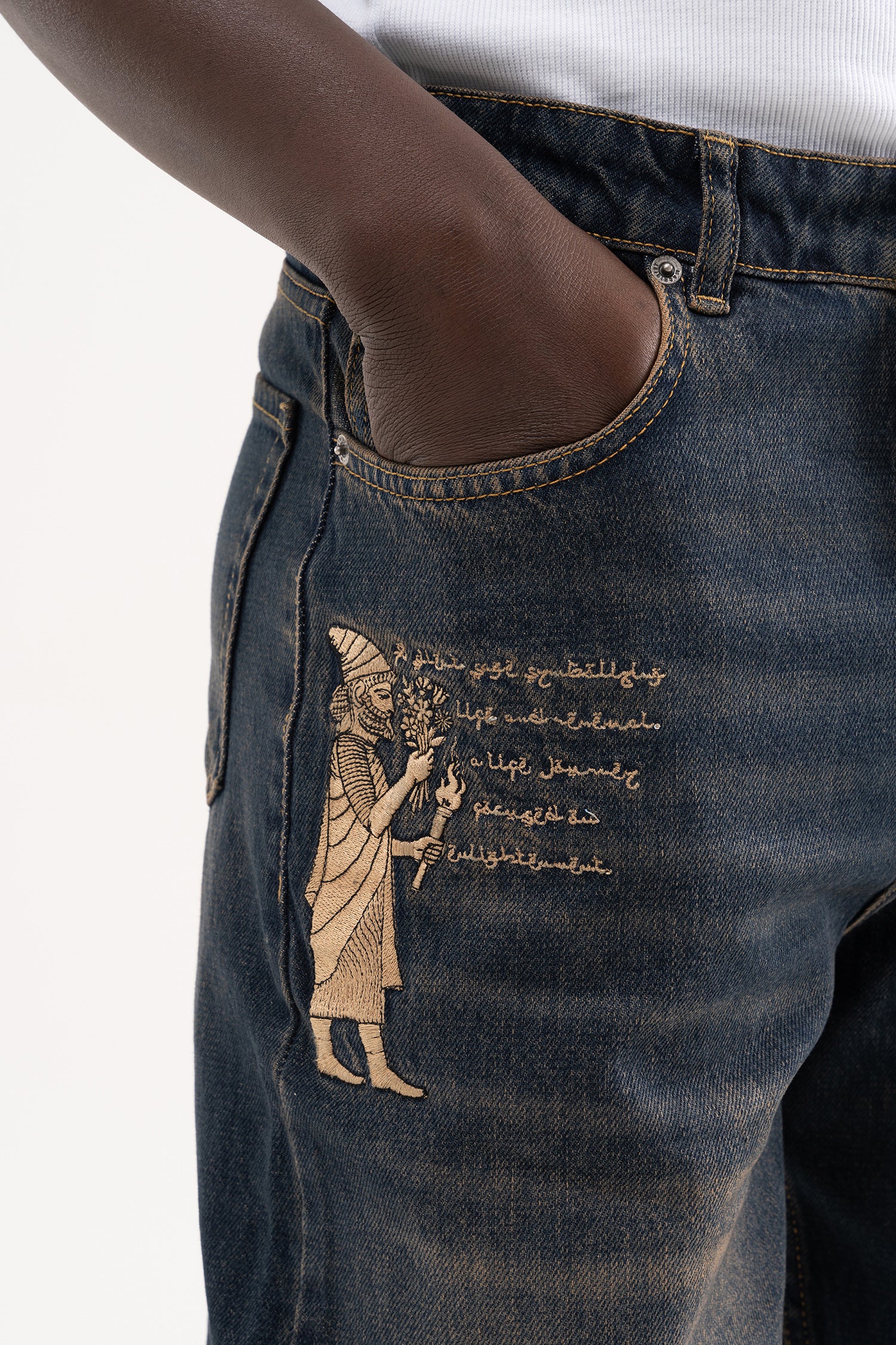 Erkek Etnik Nakışlı Baggy Jean Pantolon Tintli Mavi-5