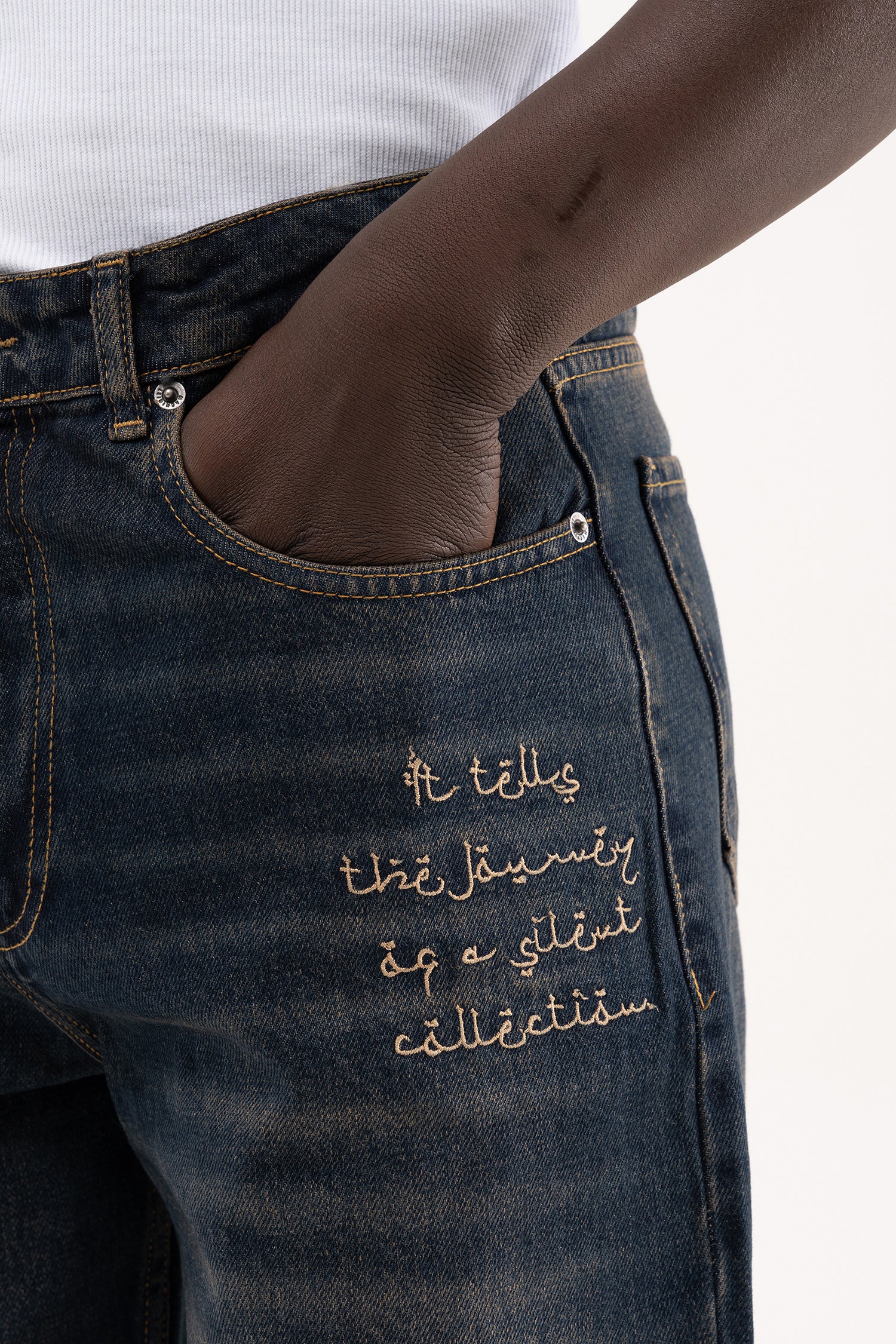 Erkek Etnik Nakışlı Baggy Jean Pantolon Tintli Mavi-6