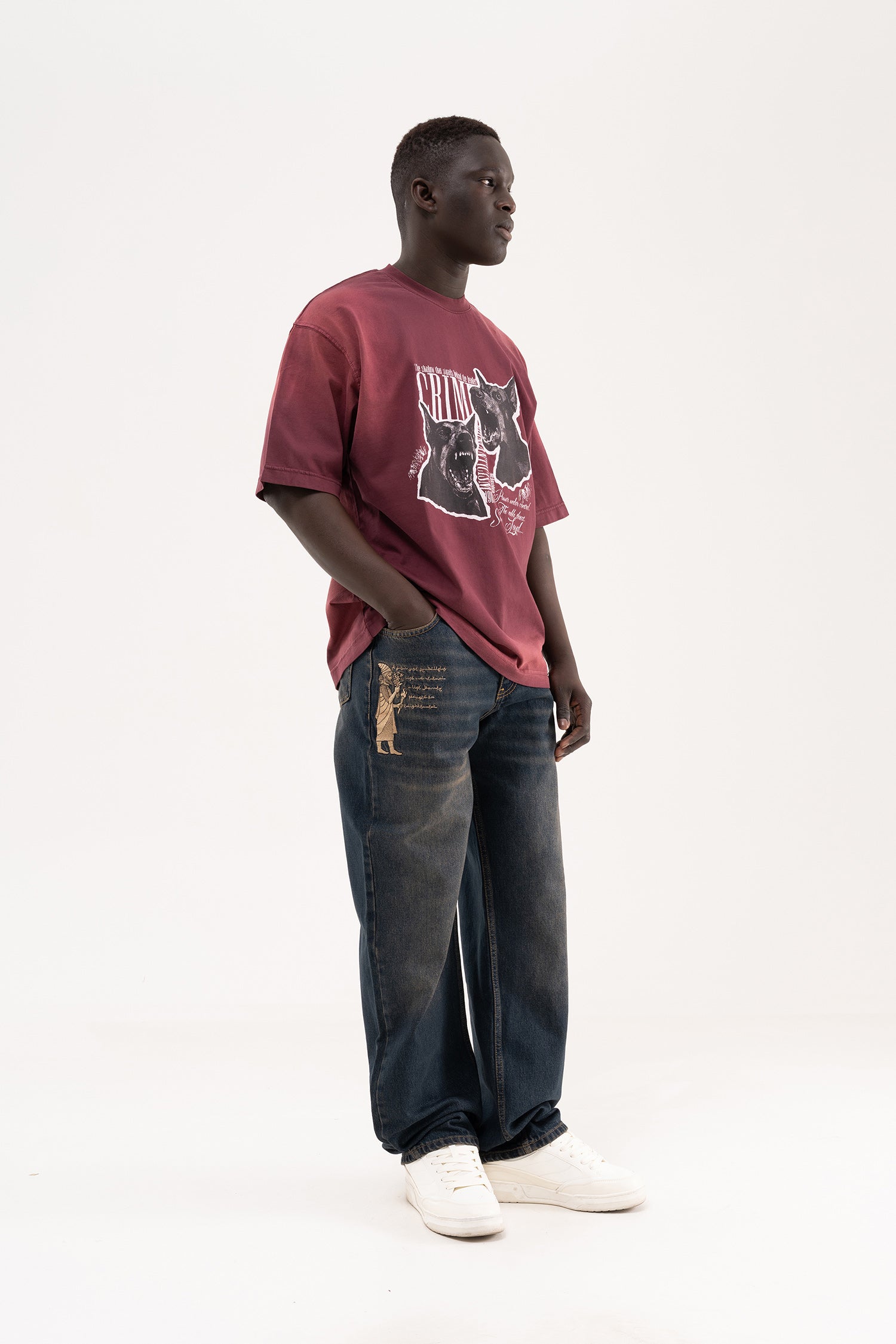 Erkek Etnik Nakışlı Baggy Jean Pantolon Tintli Mavi-9