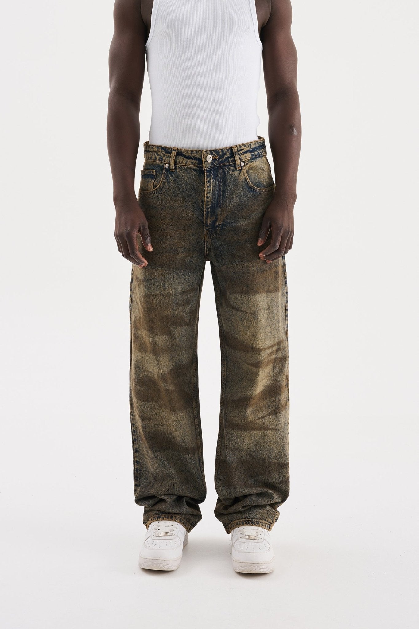 Erkek Pigment Kaplama Efektli Baggy Jean Pantolon Mavi - Kahverengi