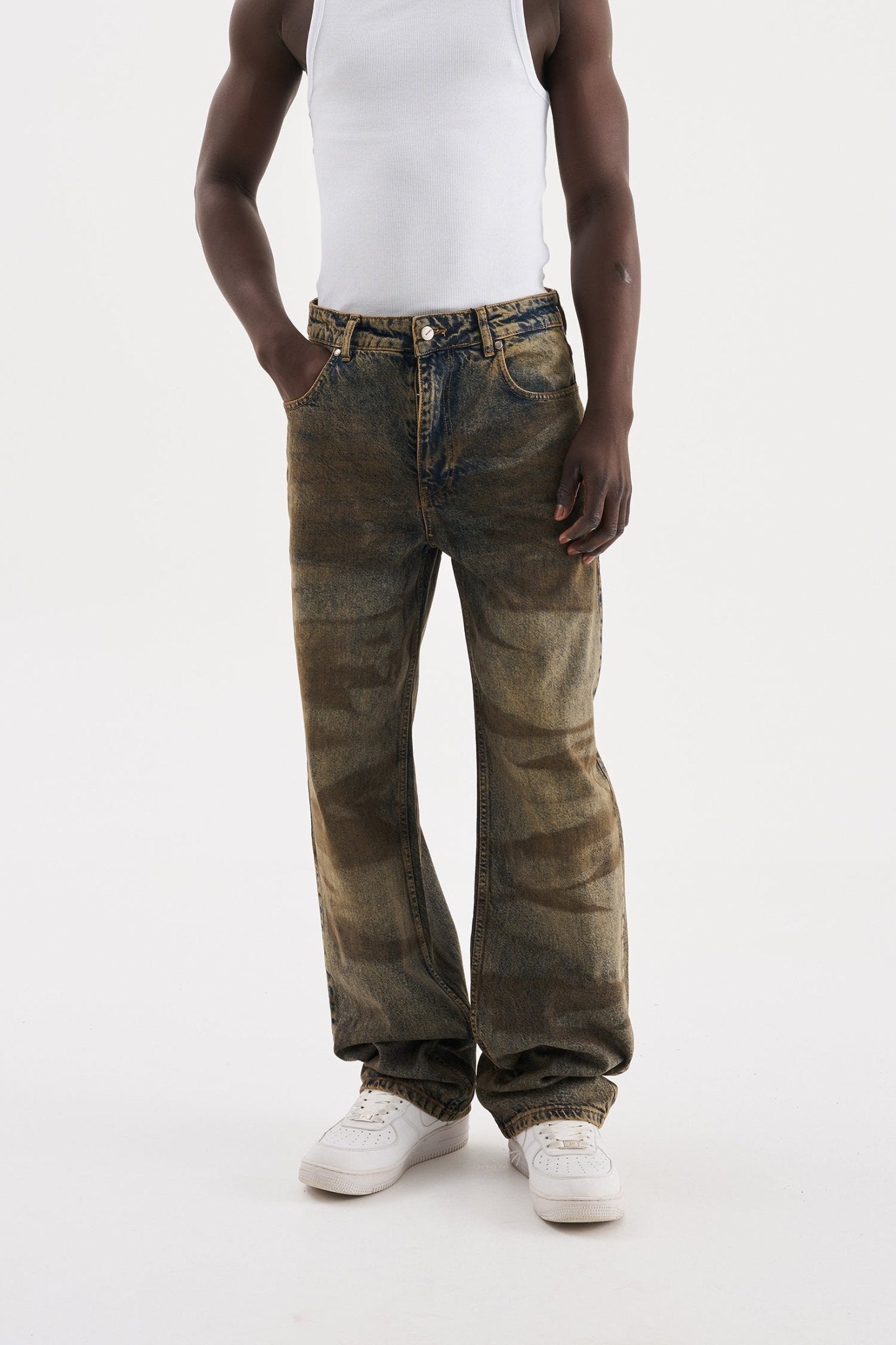 Erkek Pigment Kaplama Efektli Baggy Jean Pantolon Mavi - Kahverengi