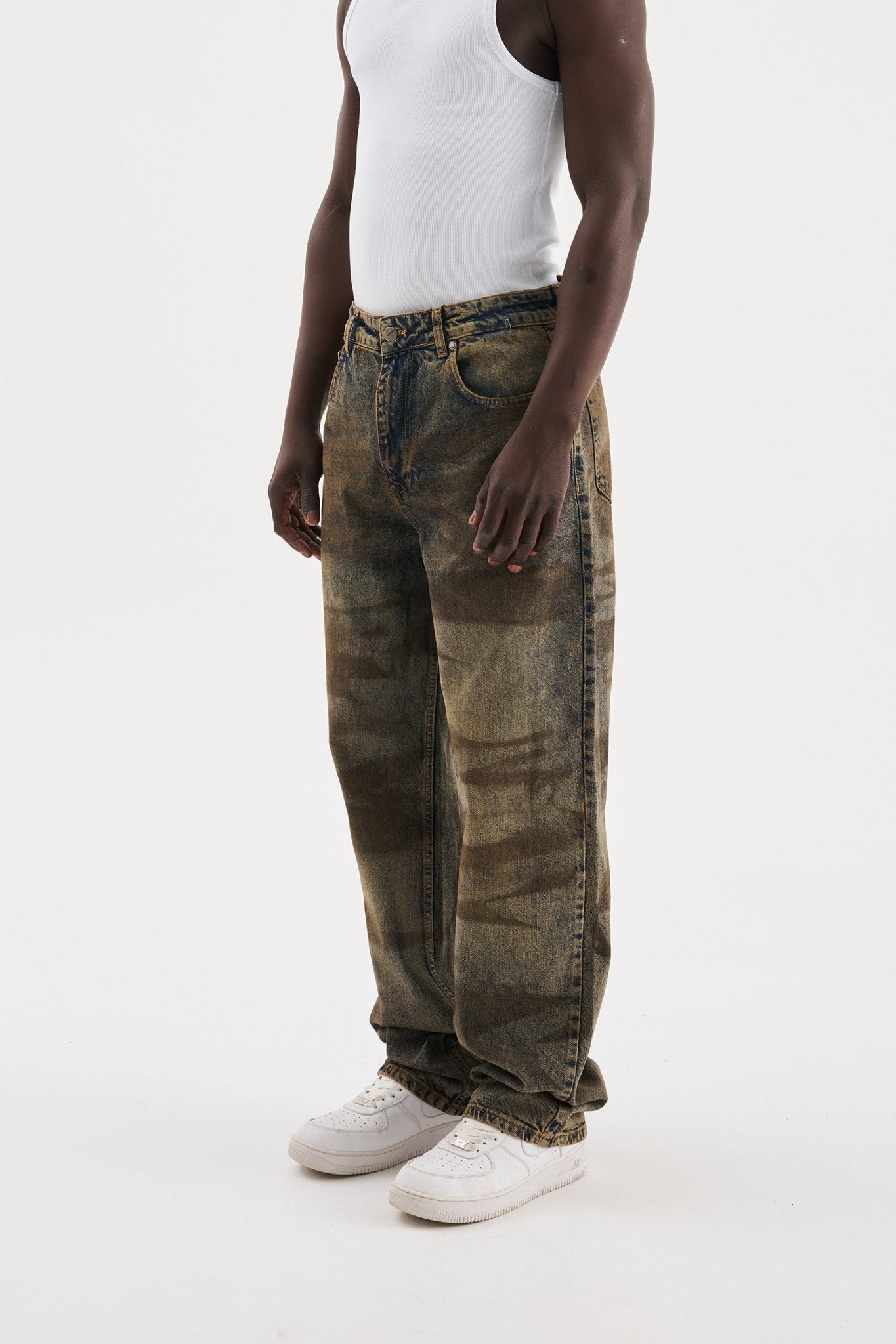 Erkek Pigment Kaplama Efektli Baggy Jean Pantolon Mavi - Kahverengi
