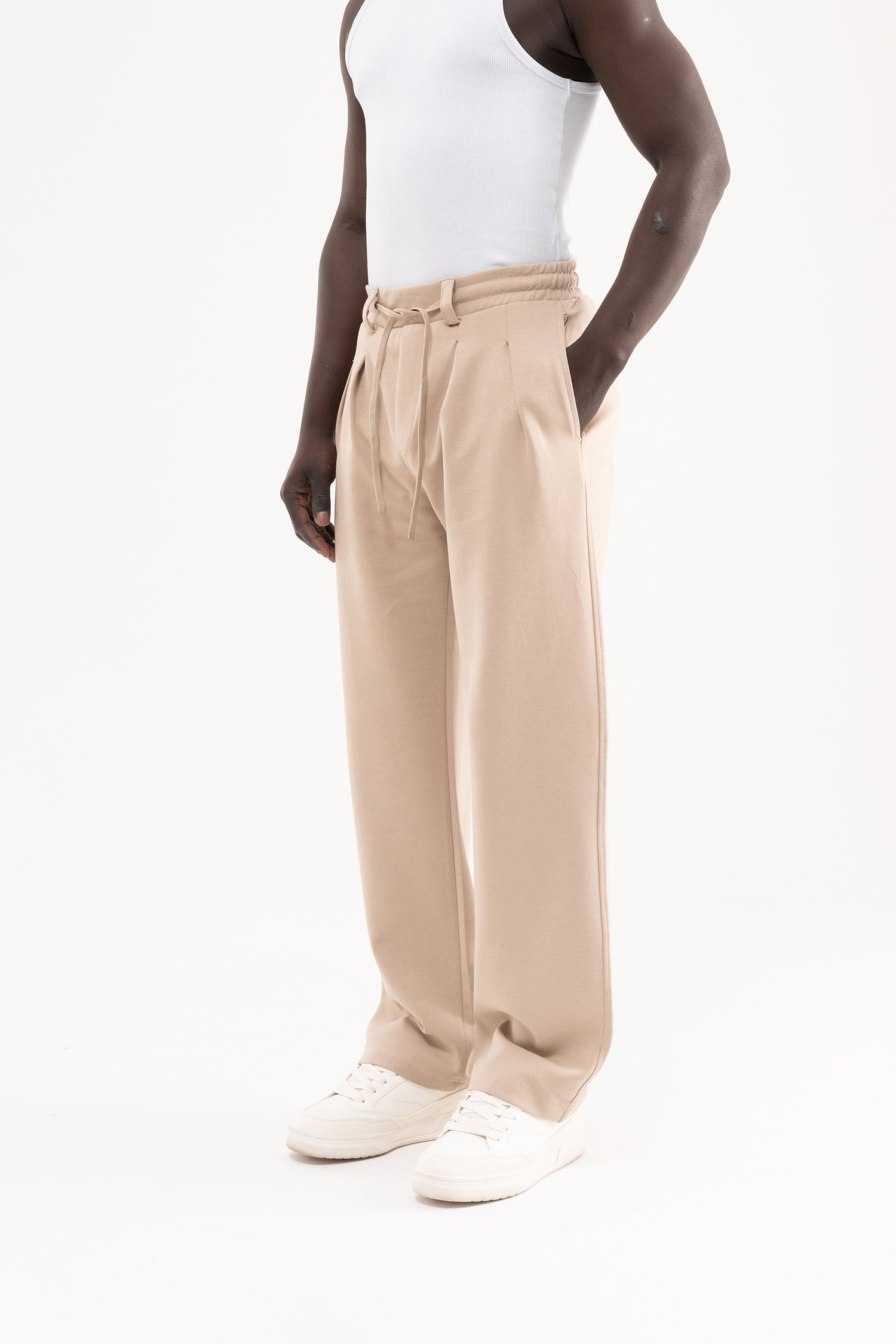 Erkek Çift Pilise Double Face Baggy Pantolon Açık Bej