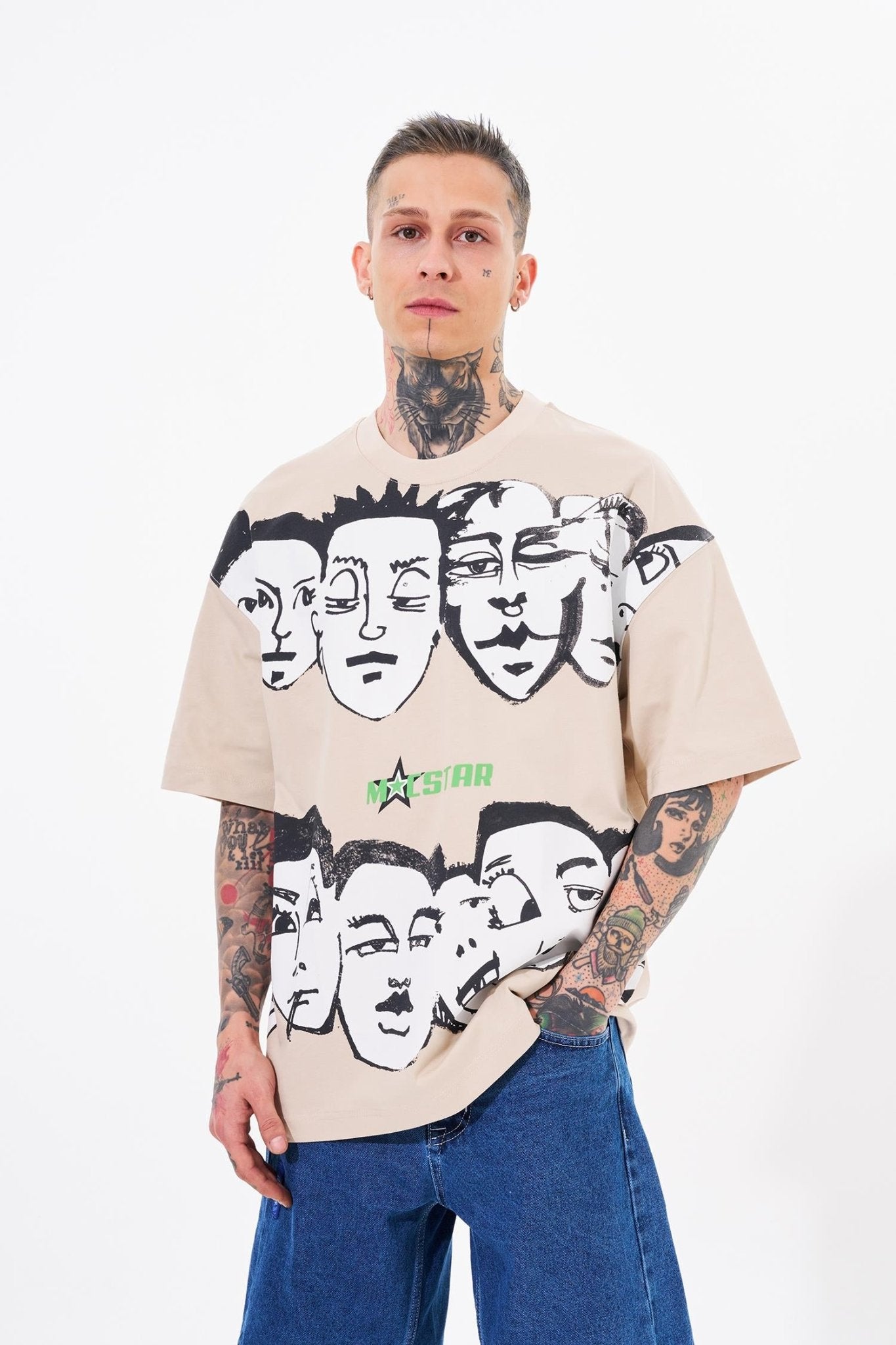 Erkek Macstar Heads Oversize Tişört Açık Bej