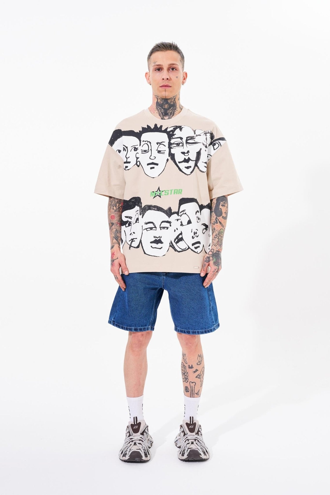 Erkek Macstar Heads Oversize Tişört Açık Bej