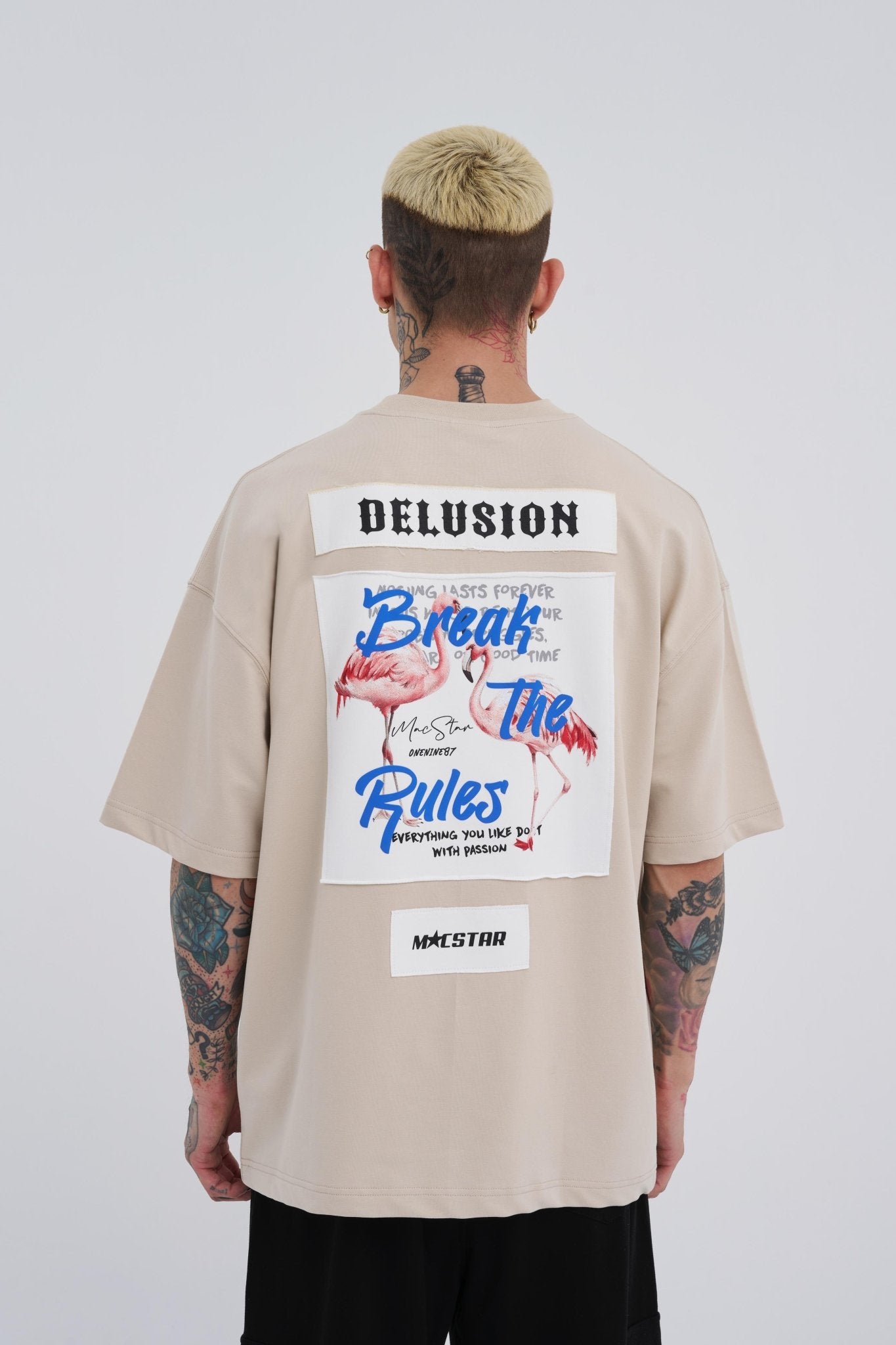 Erkek Break The Rules Baskılı Oversize Tişört Açık Bej