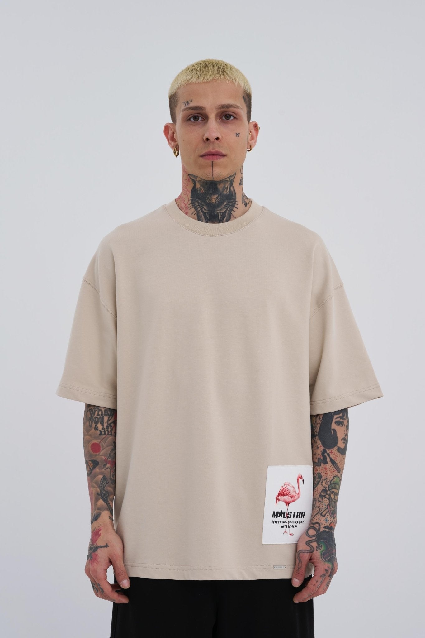 Erkek Break The Rules Baskılı Oversize Tişört Açık Bej