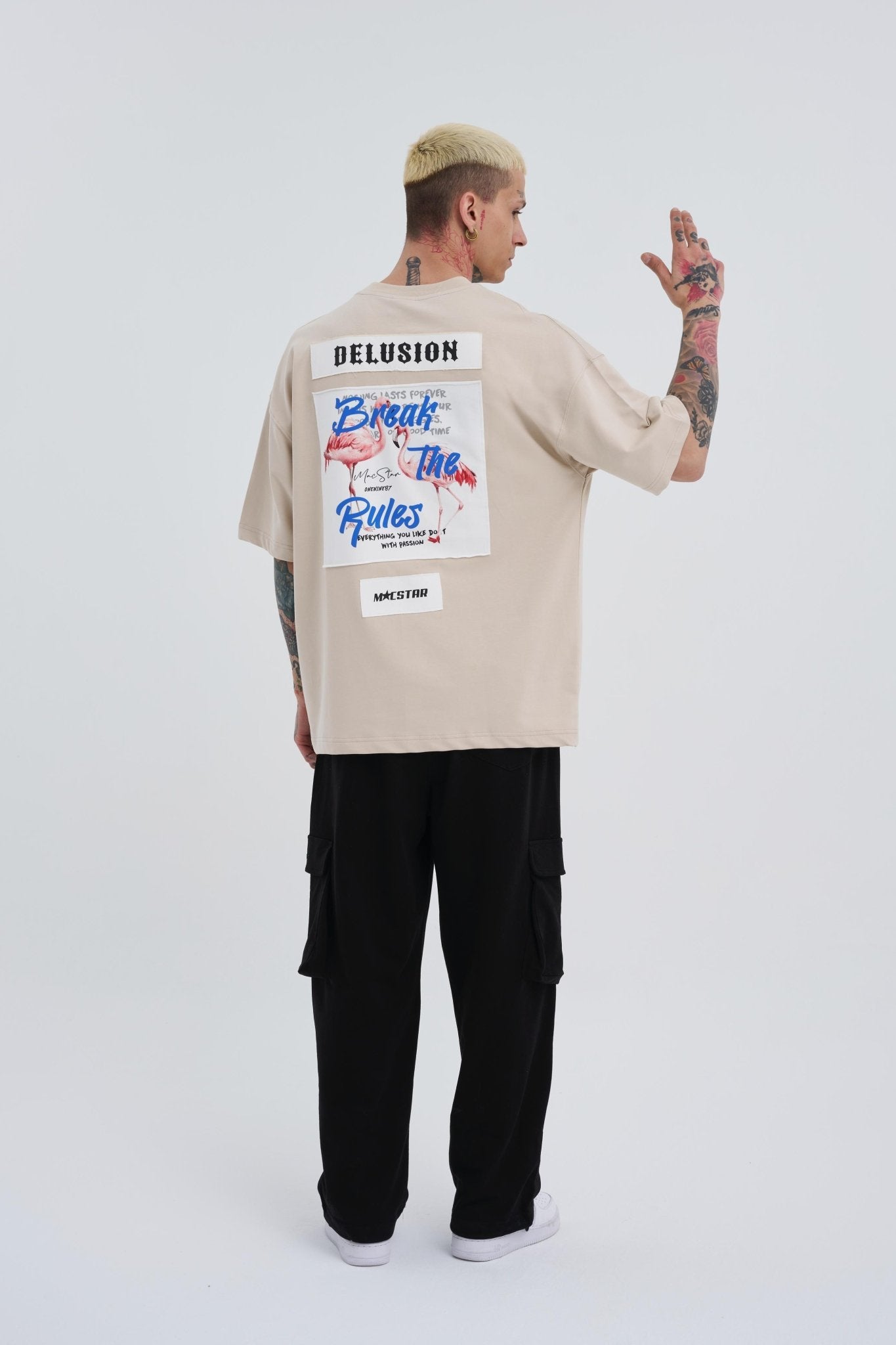 Erkek Break The Rules Baskılı Oversize Tişört Açık Bej