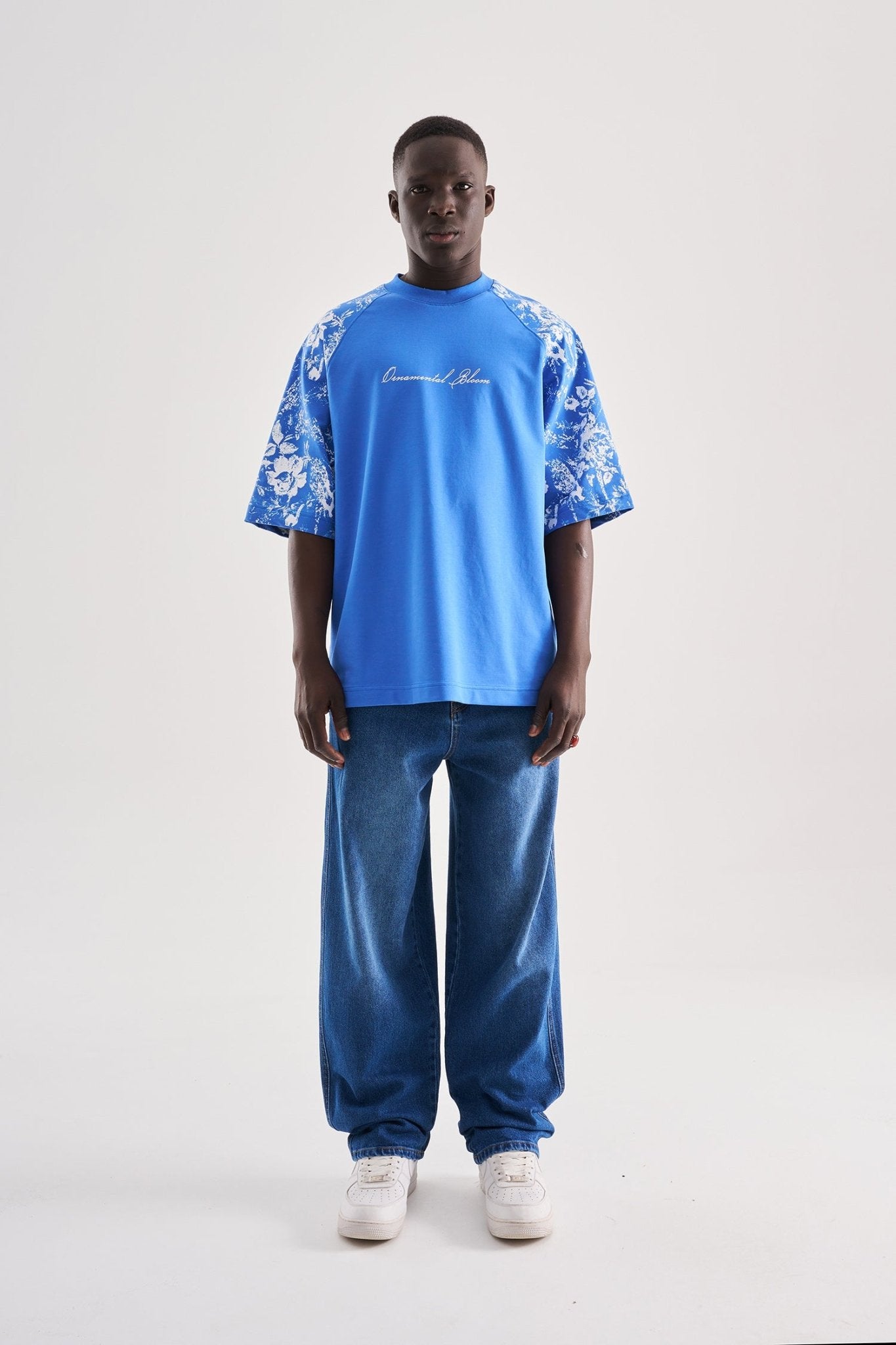 Erkek Flower Printed Oversize Tişört Açık Mavi