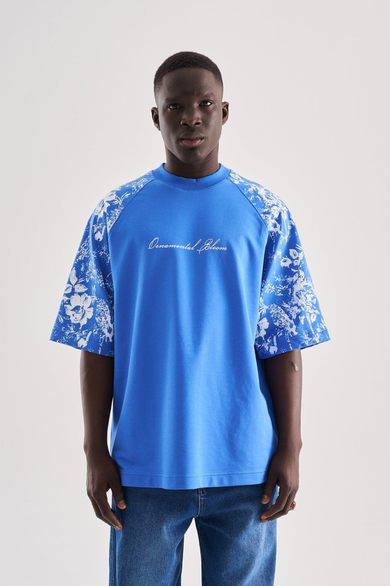 Erkek Flower Printed Oversize Tişört Açık Mavi