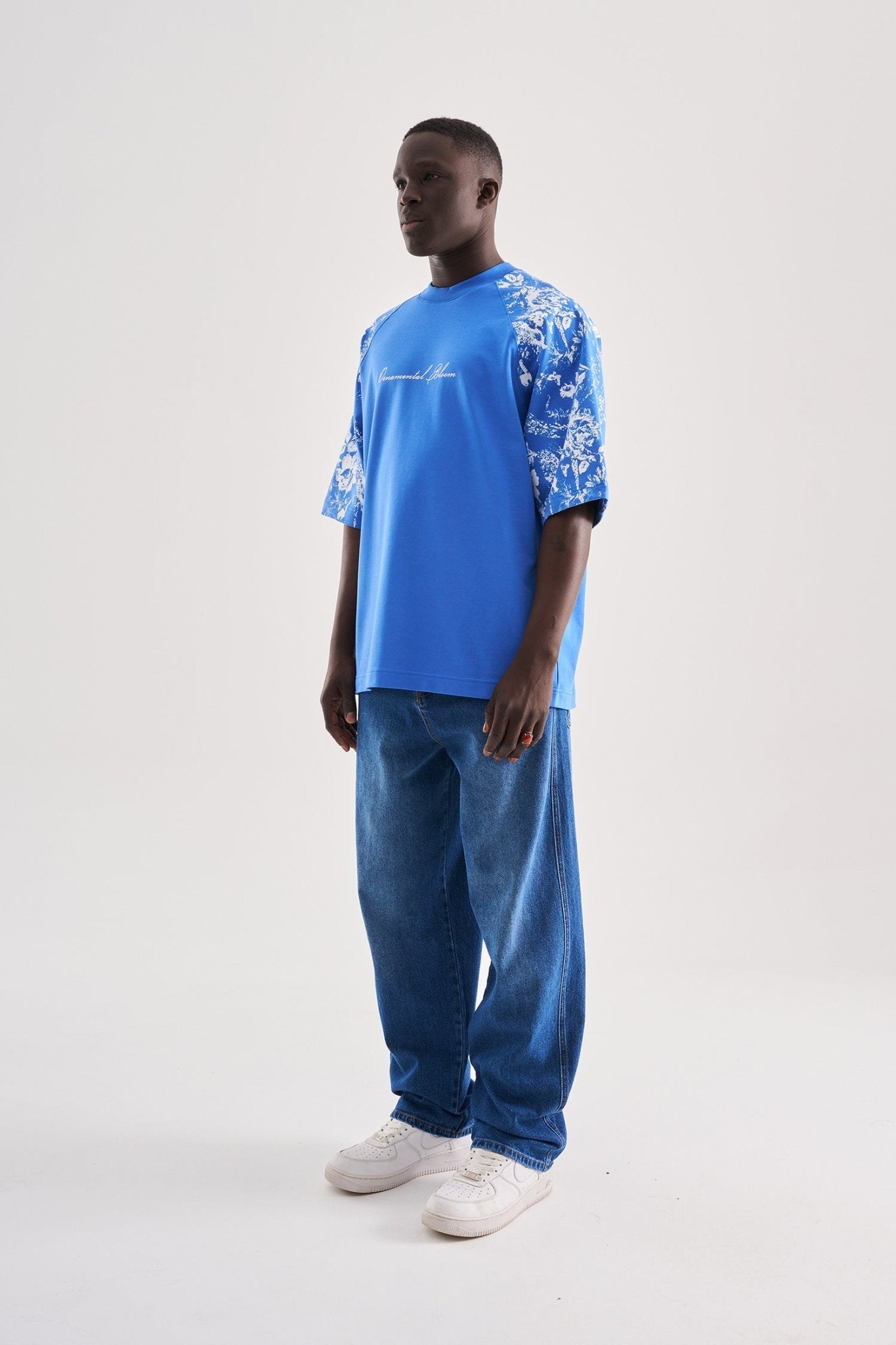 Erkek Flower Printed Oversize Tişört Açık Mavi