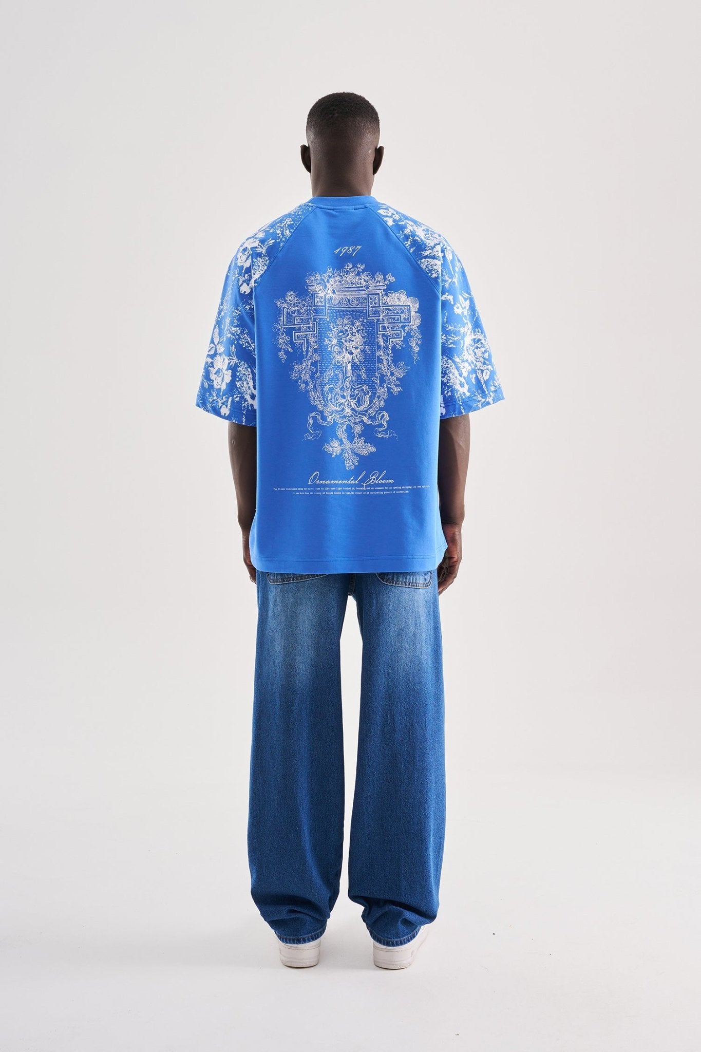 Erkek Flower Printed Oversize Tişört Açık Mavi