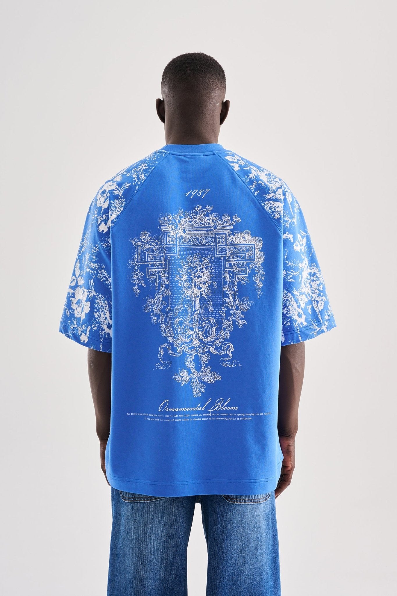 Erkek Flower Printed Oversize Tişört Açık Mavi