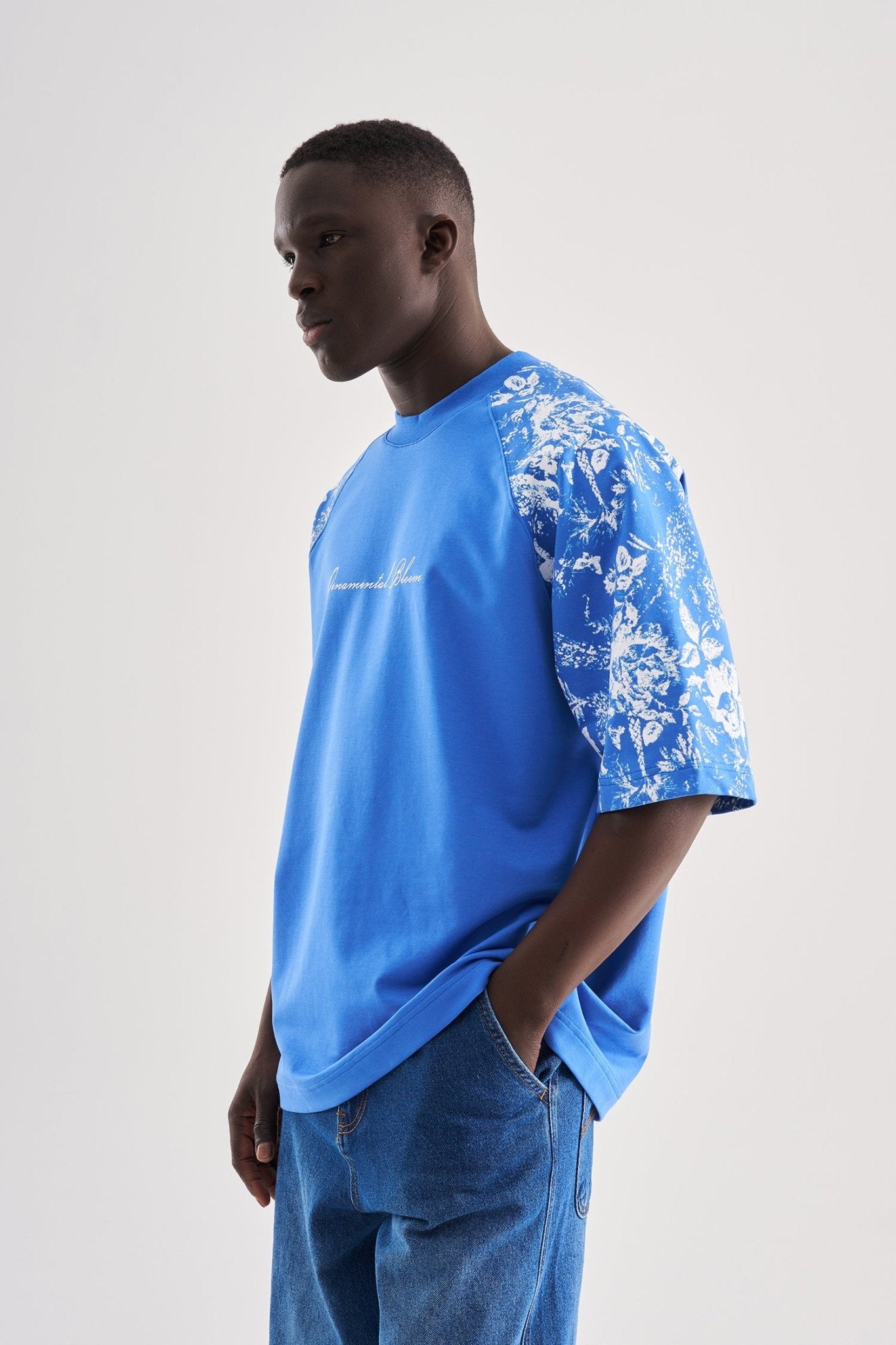 Erkek Flower Printed Oversize Tişört Açık Mavi