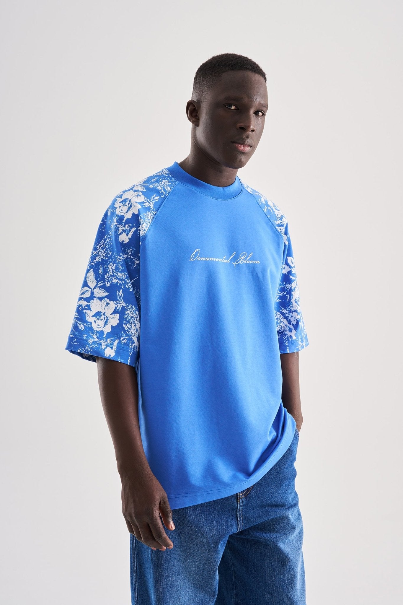 Erkek Flower Printed Oversize Tişört Açık Mavi