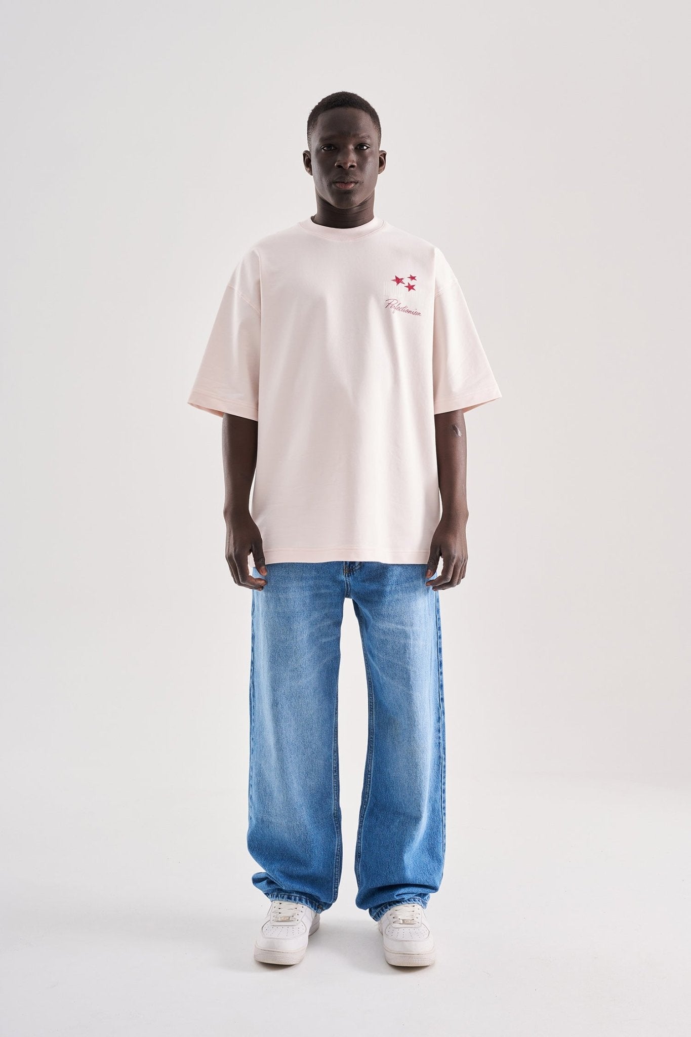 Erkek Flower Embroidered and Printed Oversize Tişört Açık Pembe
