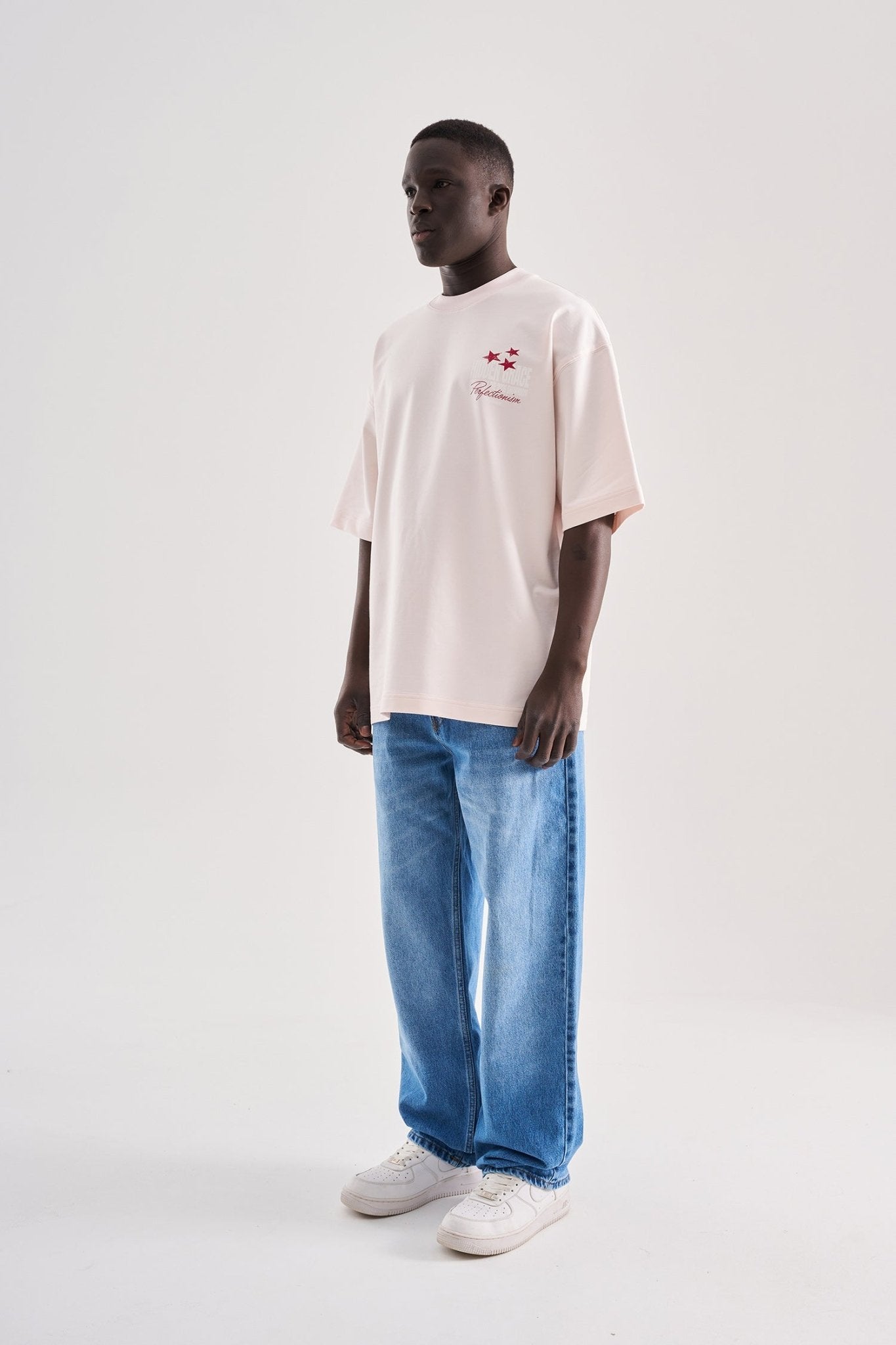 Erkek Flower Embroidered and Printed Oversize Tişört Açık Pembe