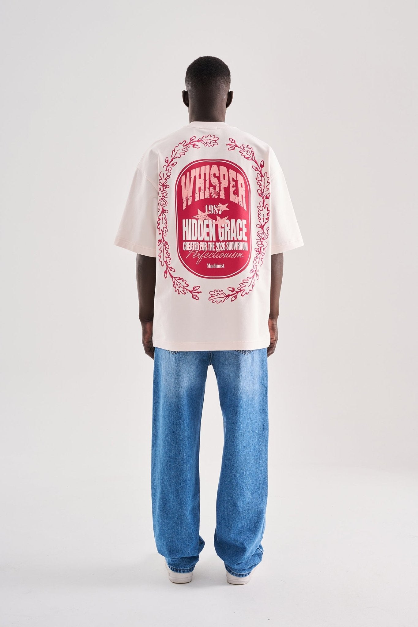 Erkek Flower Embroidered and Printed Oversize Tişört Açık Pembe