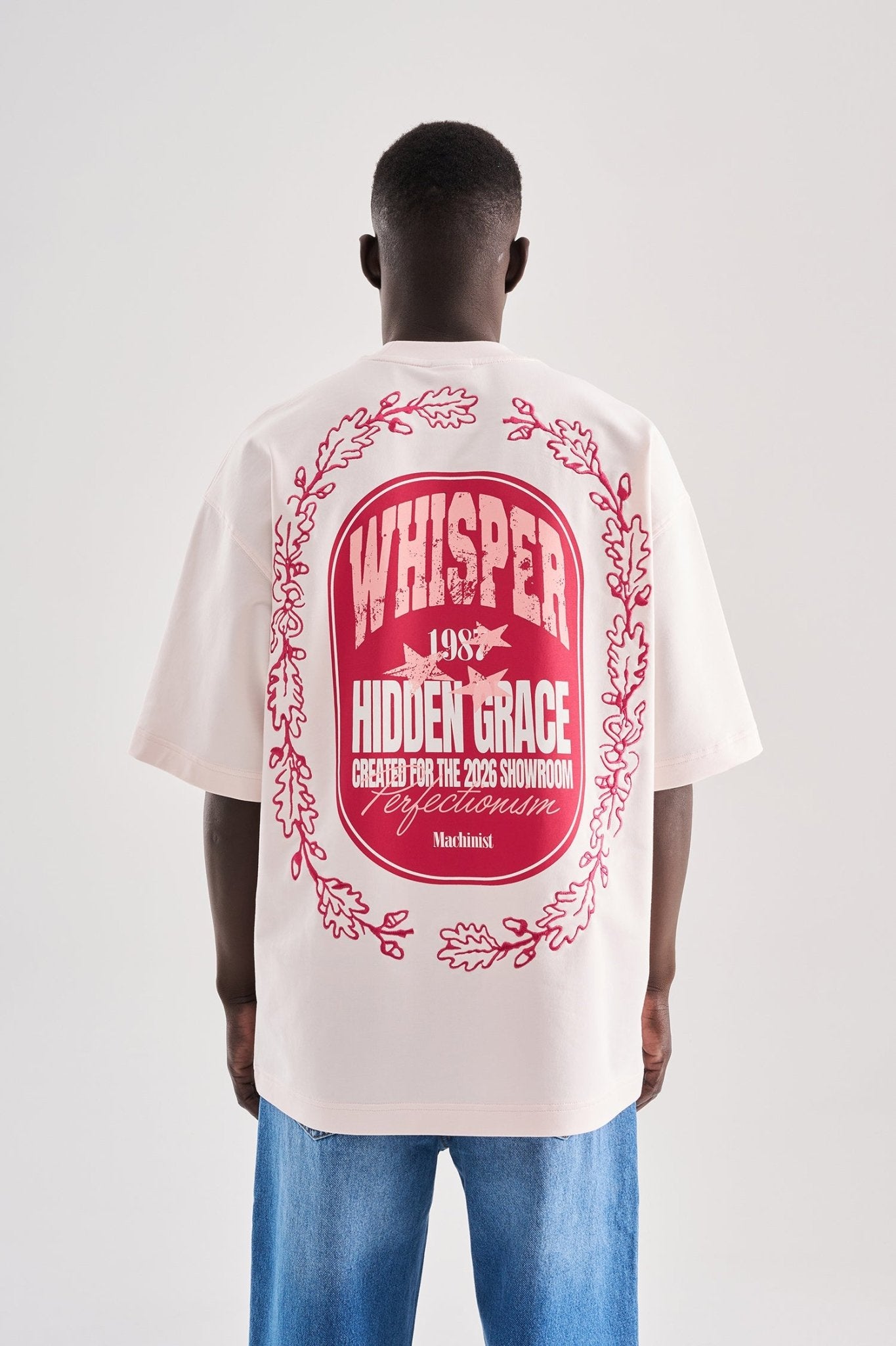 Erkek Flower Embroidered and Printed Oversize Tişört Açık Pembe