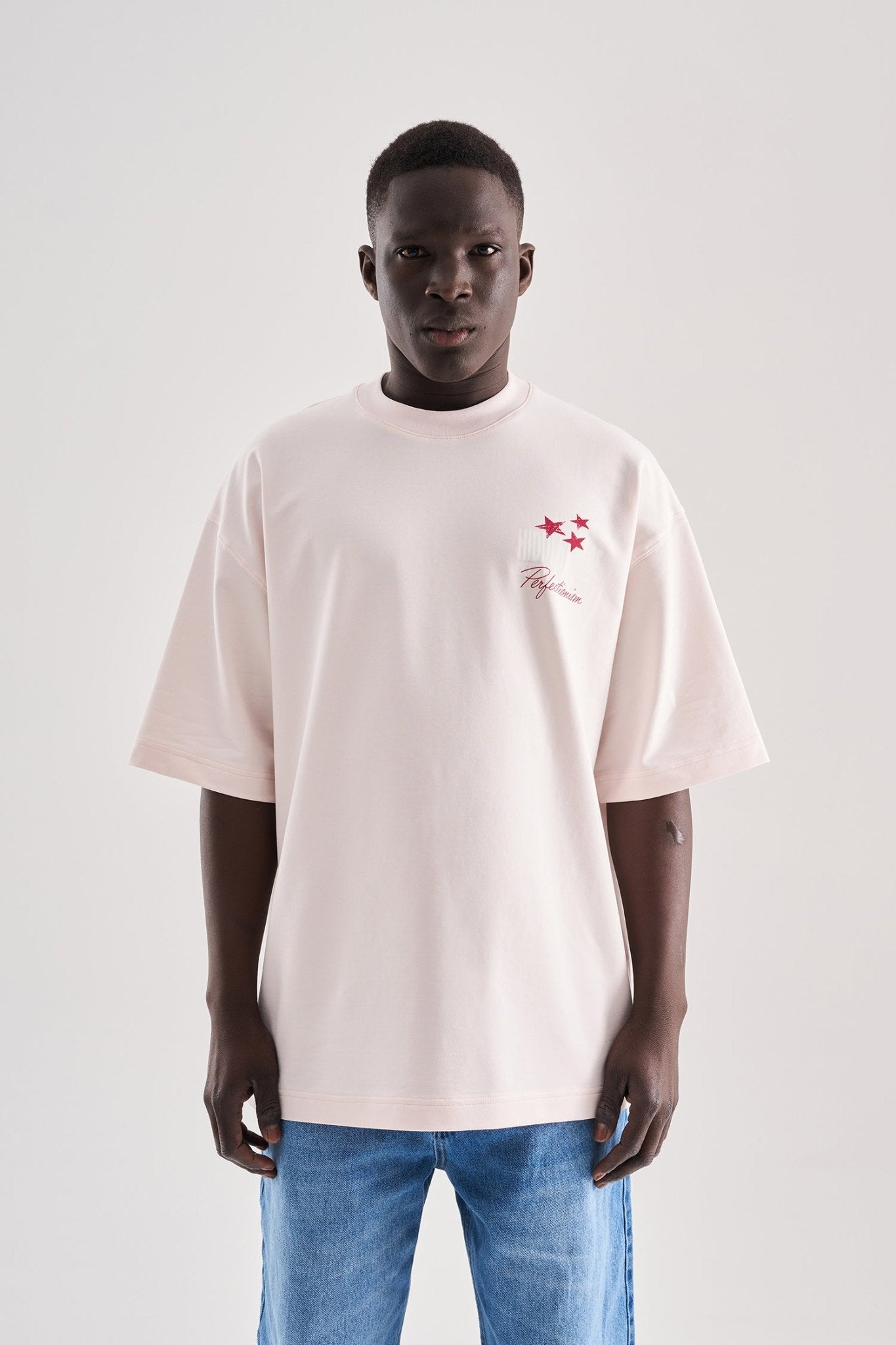 Erkek Flower Embroidered and Printed Oversize Tişört Açık Pembe