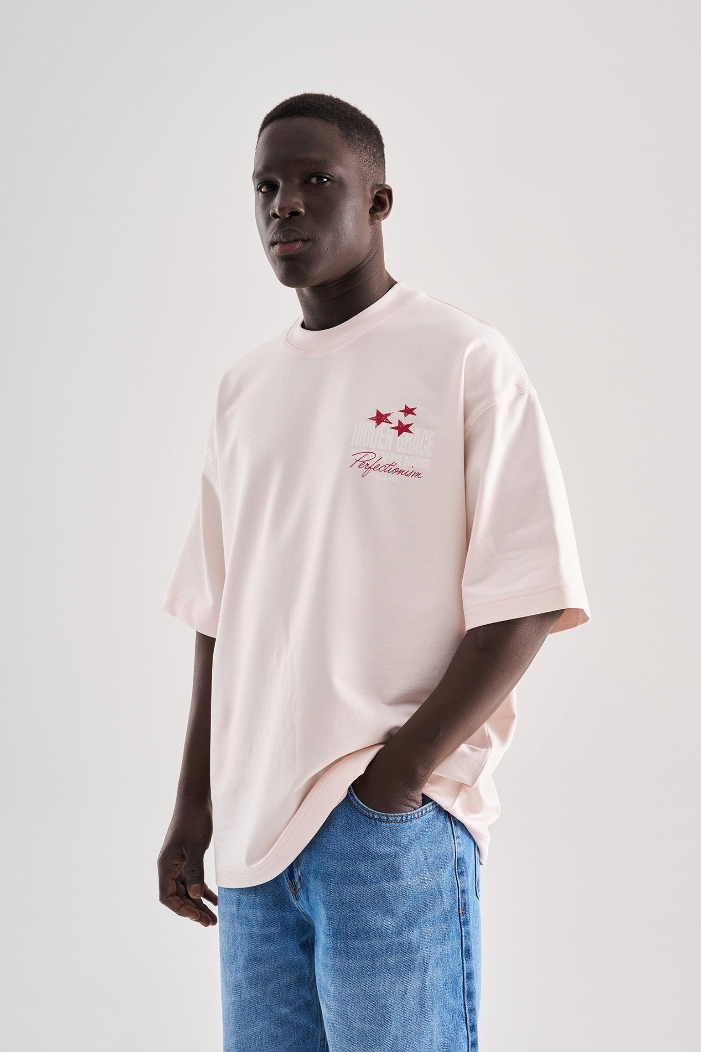 Erkek Flower Embroidered and Printed Oversize Tişört Açık Pembe