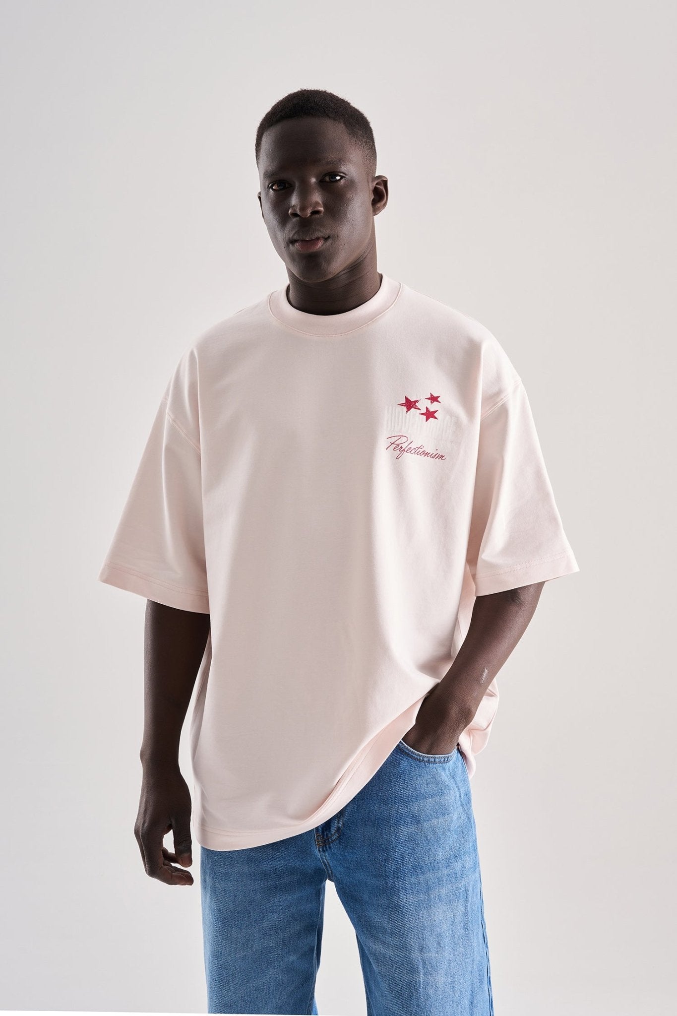 Erkek Flower Embroidered and Printed Oversize Tişört Açık Pembe