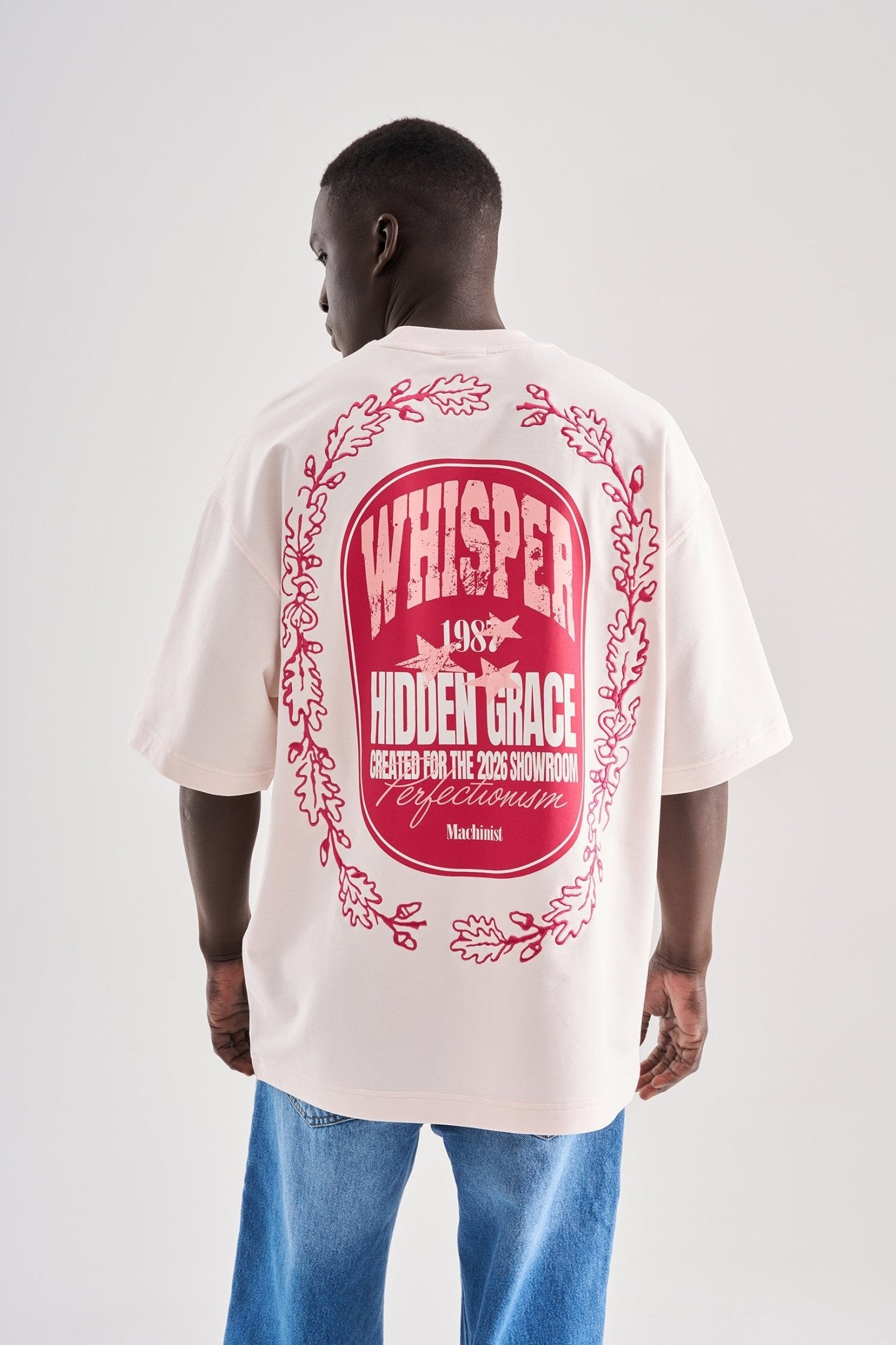 Erkek Flower Embroidered and Printed Oversize Tişört Açık Pembe