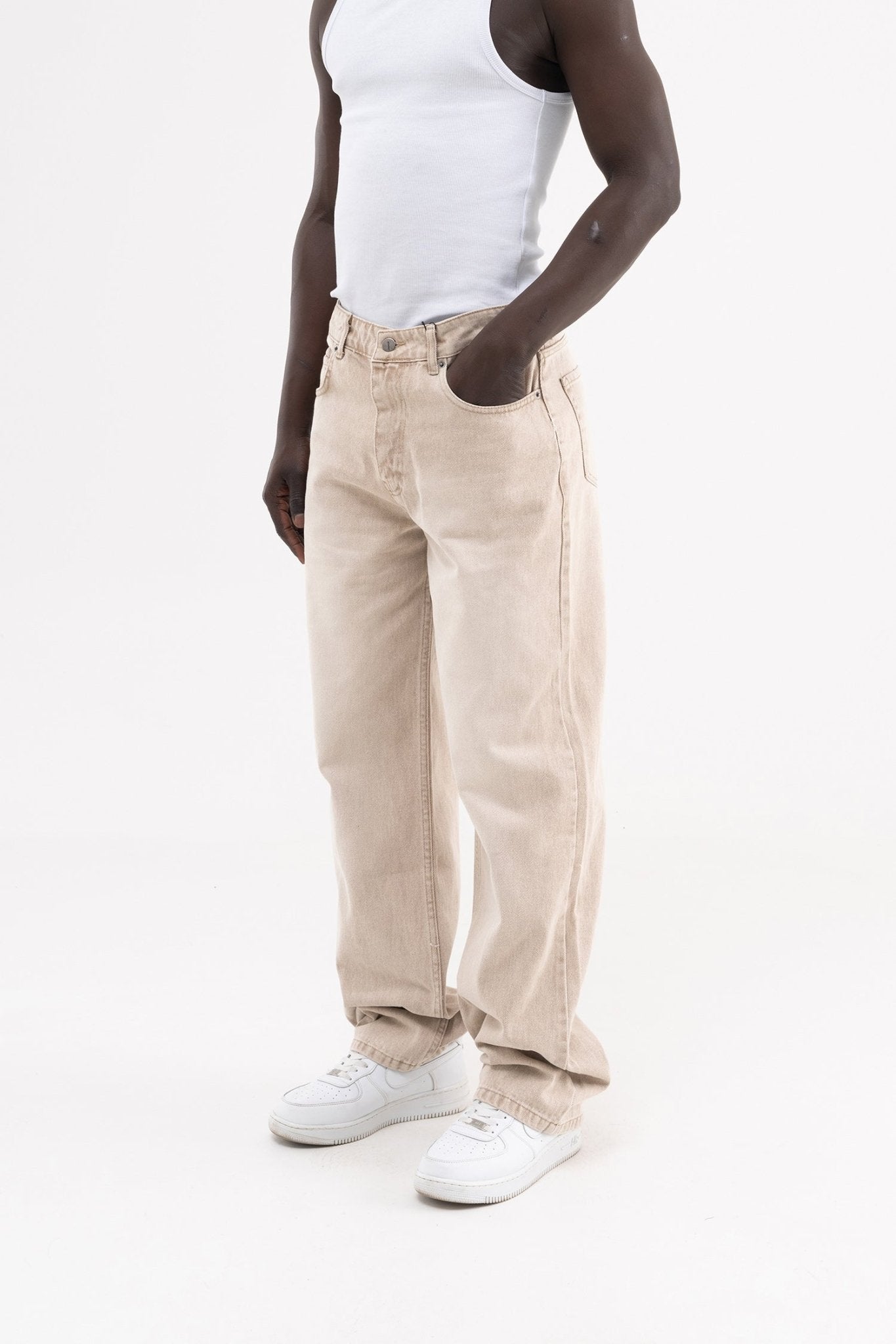 Erkek Efektli Yıkamalı Baggy Jean Pantolon Bej