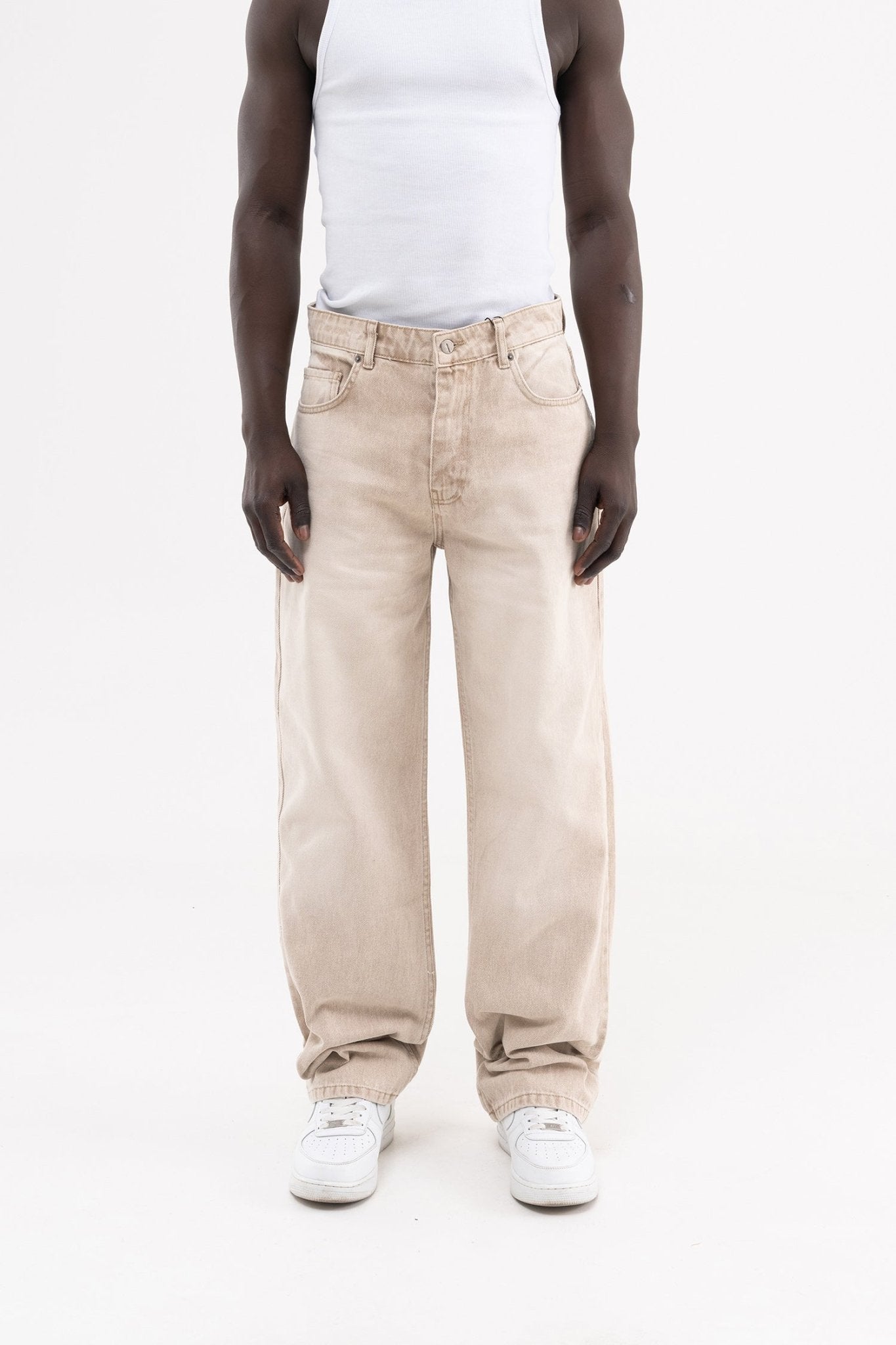 Erkek Efektli Yıkamalı Baggy Jean Pantolon Bej