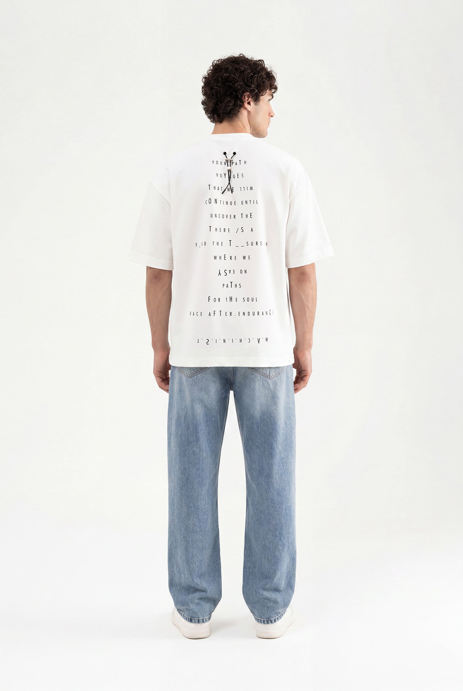 Erkek Upside-Down Baskılı Oversize Tişört Ekru-5