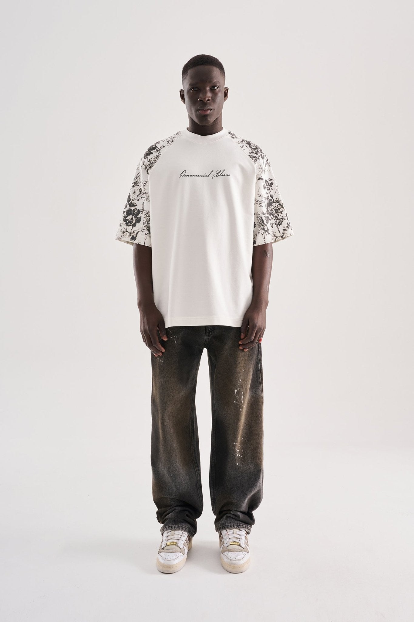 Erkek Flower Printed Oversize Tişört Ekru