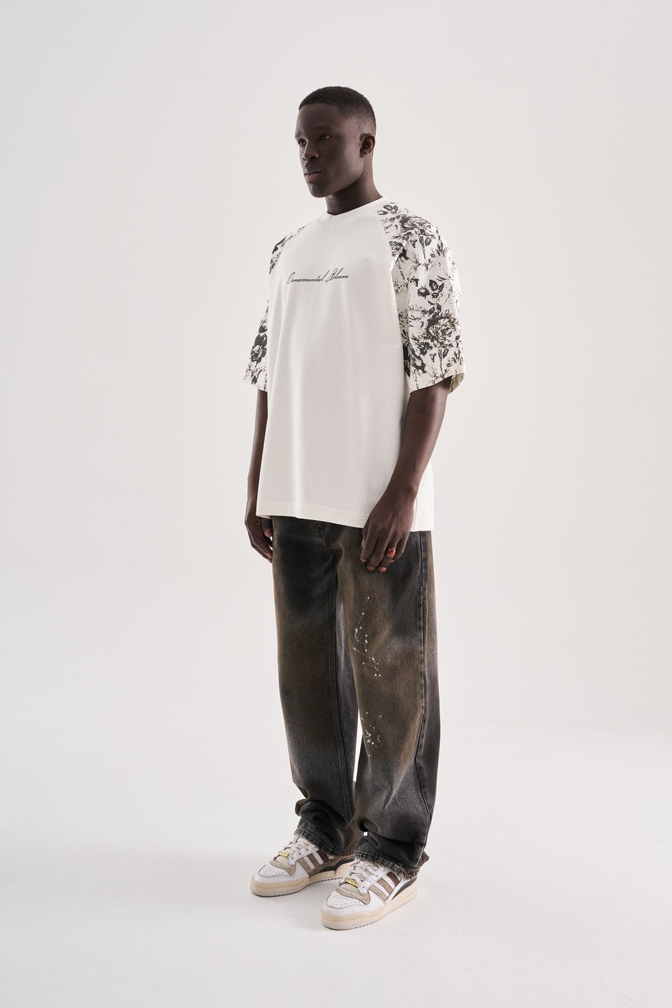 Erkek Flower Printed Oversize Tişört Ekru