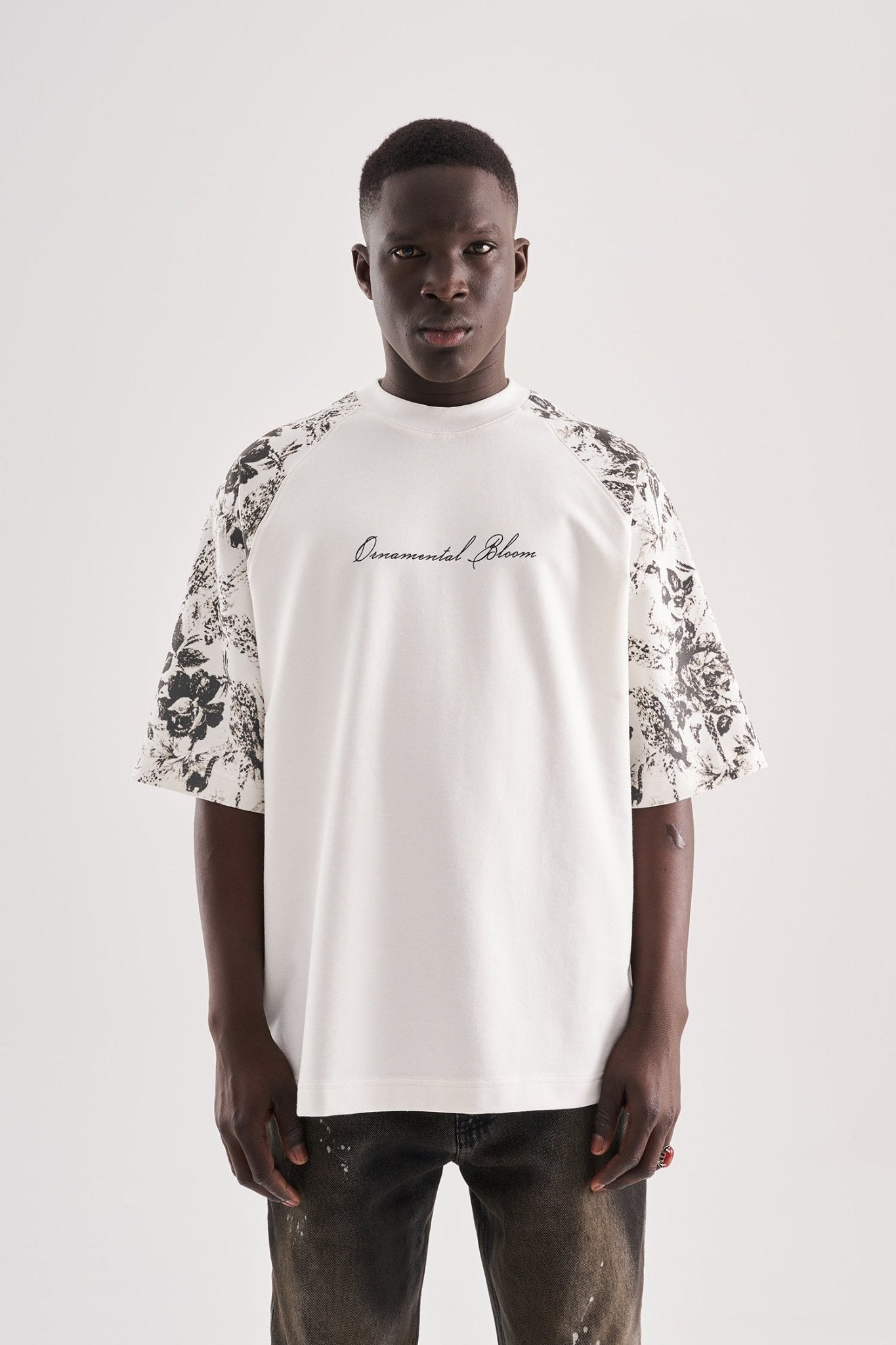 Erkek Flower Printed Oversize Tişört Ekru