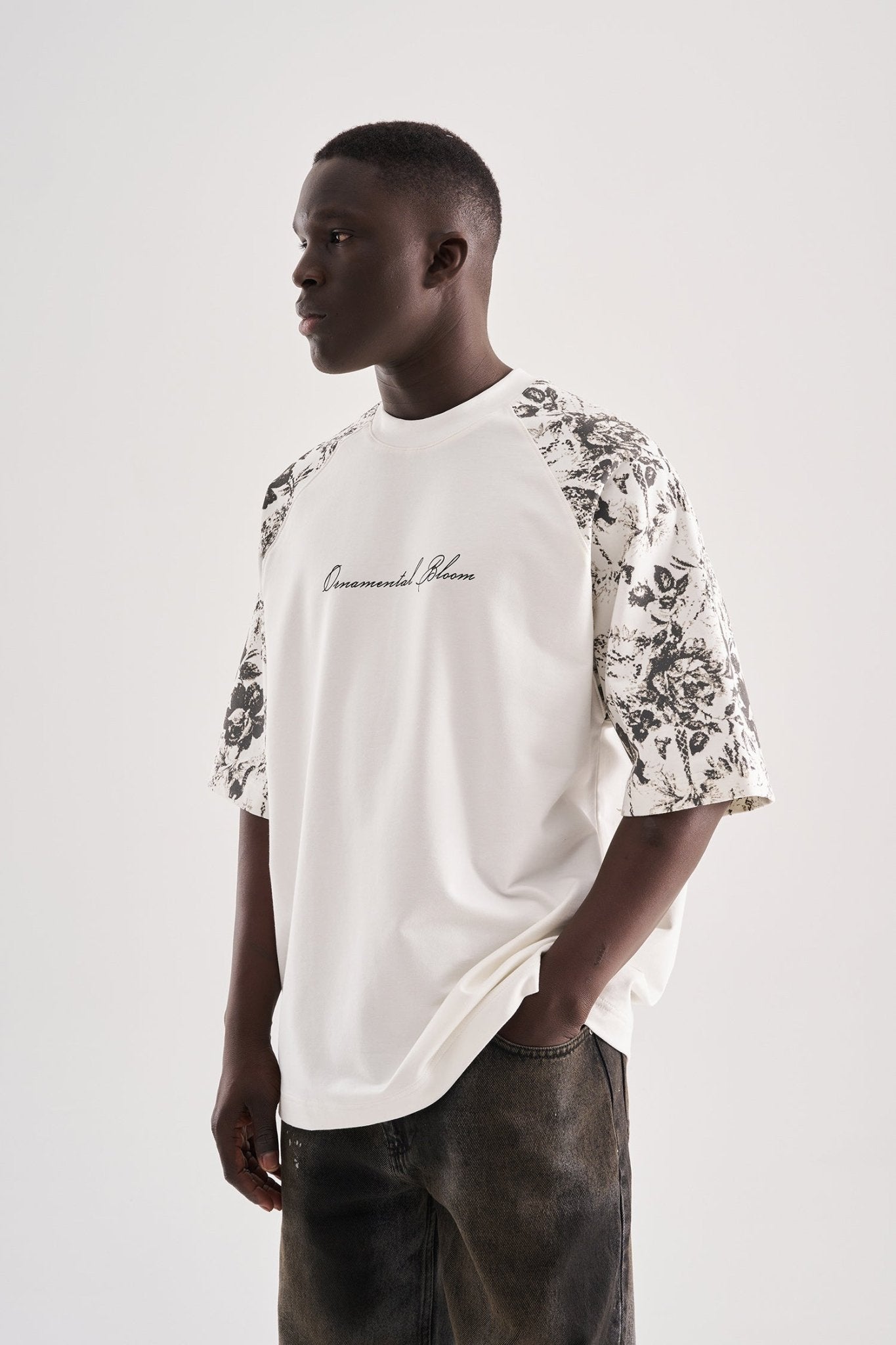 Erkek Flower Printed Oversize Tişört Ekru