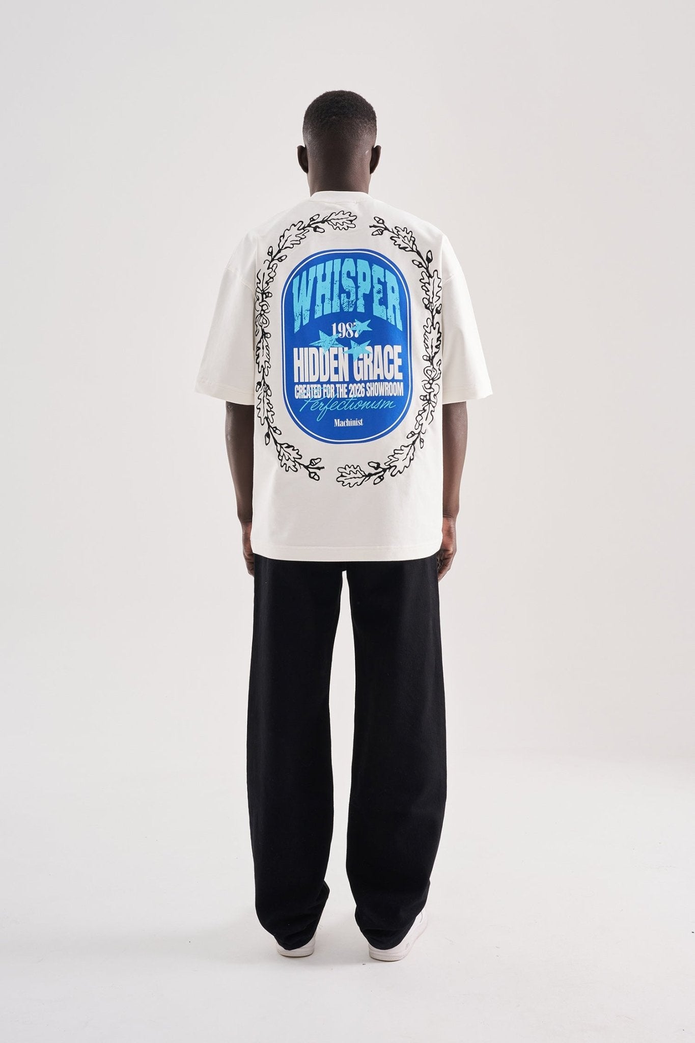 Erkek Flower Embroidered and Printed Oversize Tişört Ekru