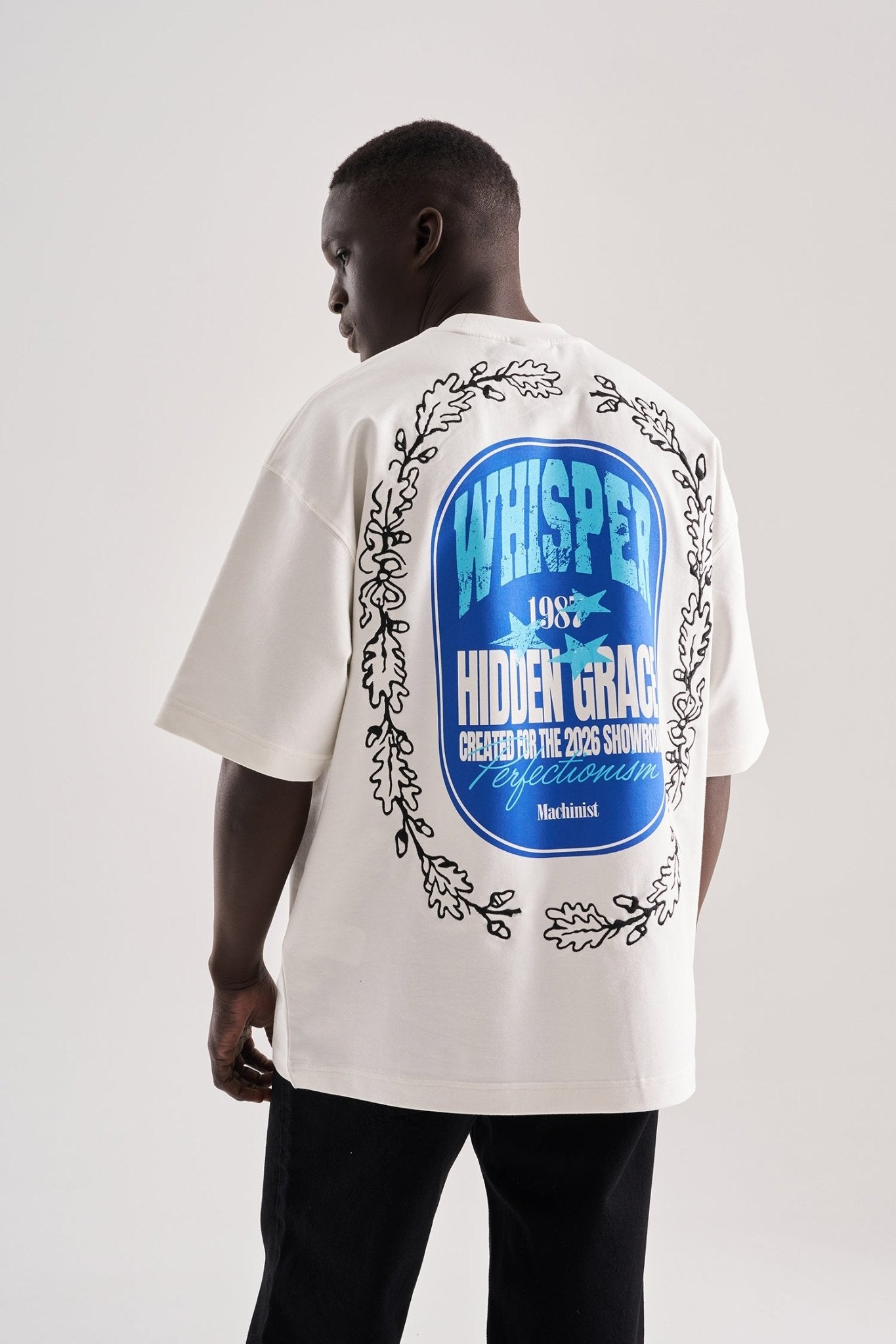 Erkek Flower Embroidered and Printed Oversize Tişört Ekru