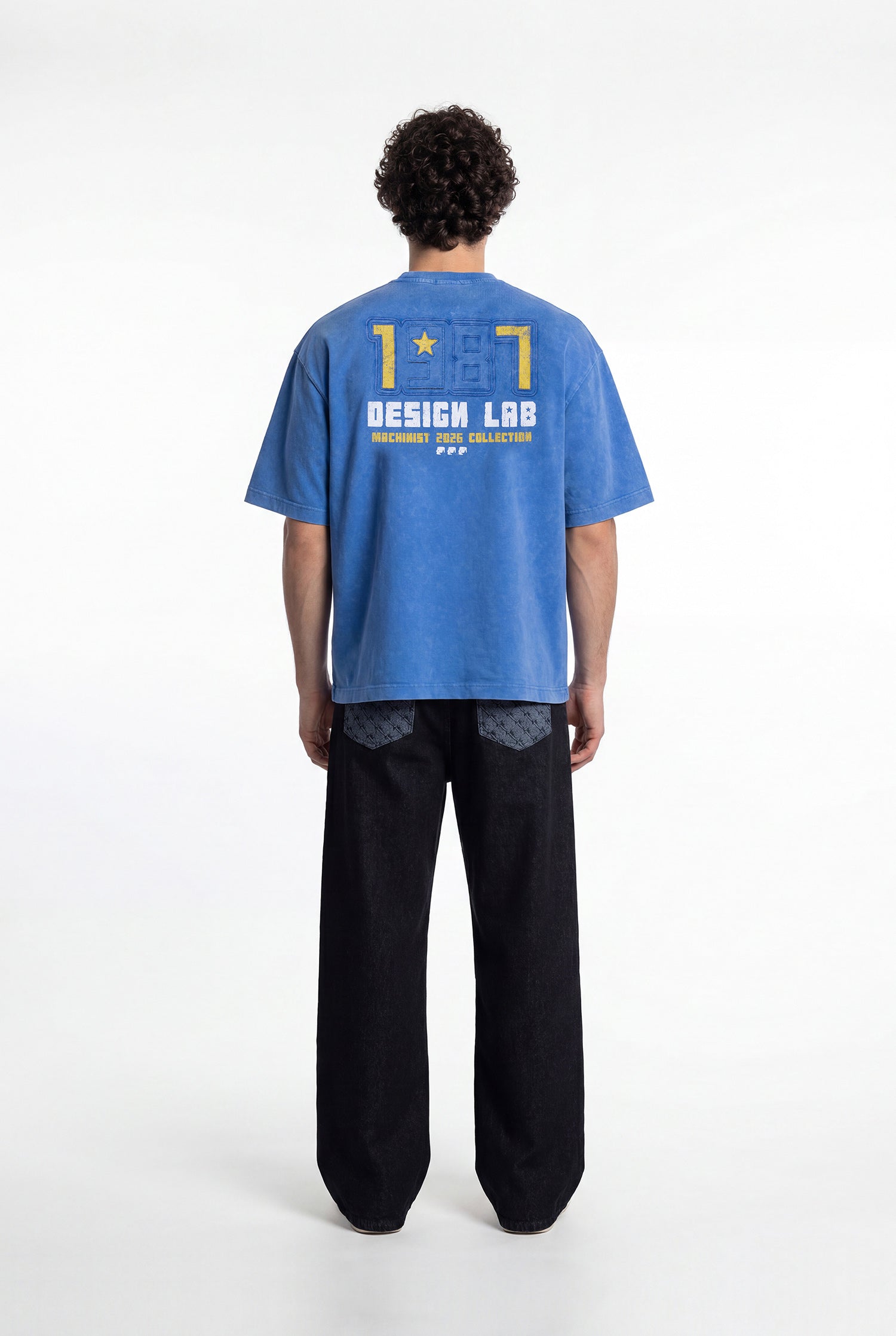 Erkek 1987 Patched Baskılı Oversize Tişört Saks Mavi-9