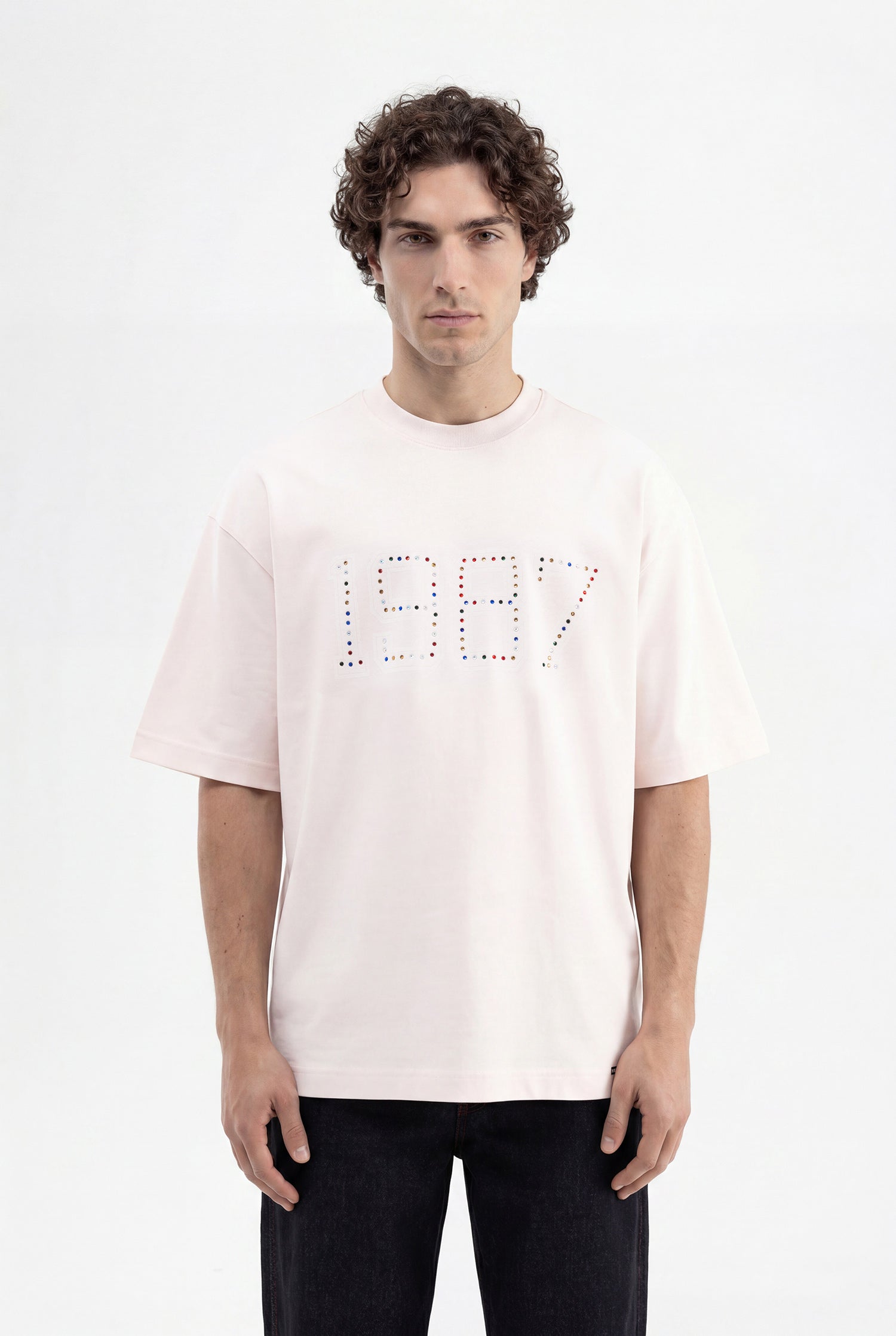 Erkek 1987 Taşlı İnterlok Oversize Tişört Açık Pembe