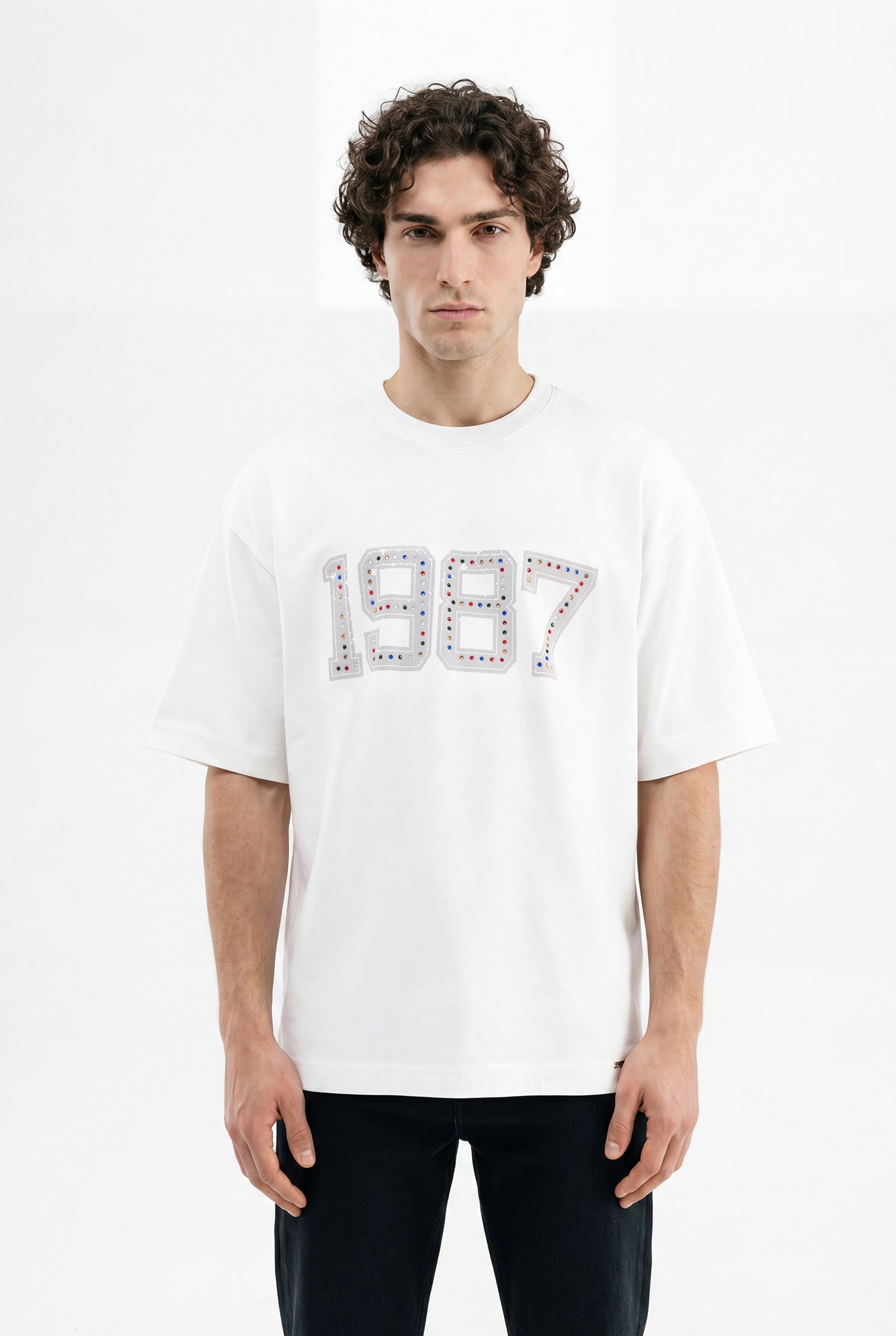 Erkek 1987 Taşlı İnterlok Oversize Tişört Ekru