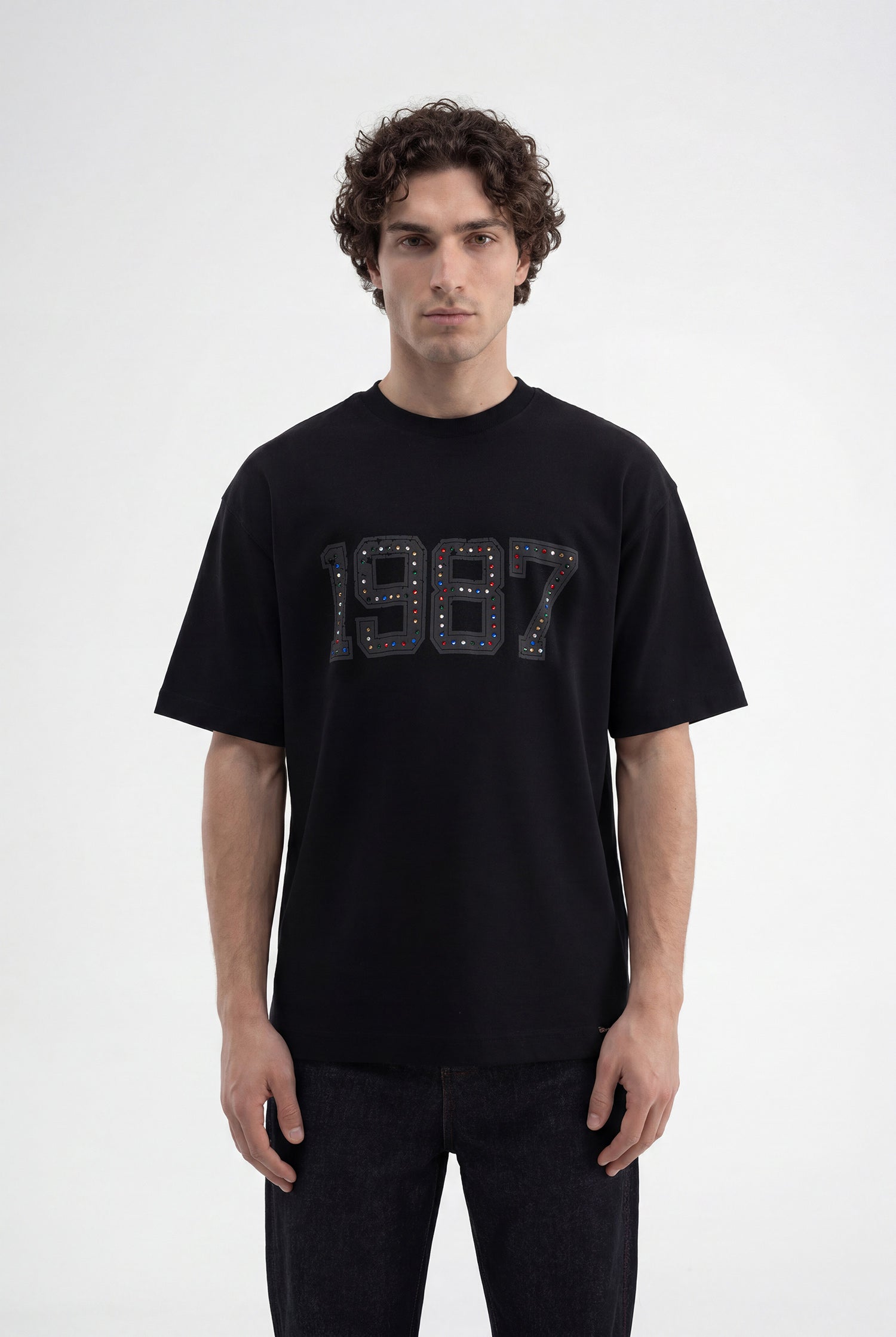 Erkek 1987 Taşlı İnterlok Oversize Tişört Siyah