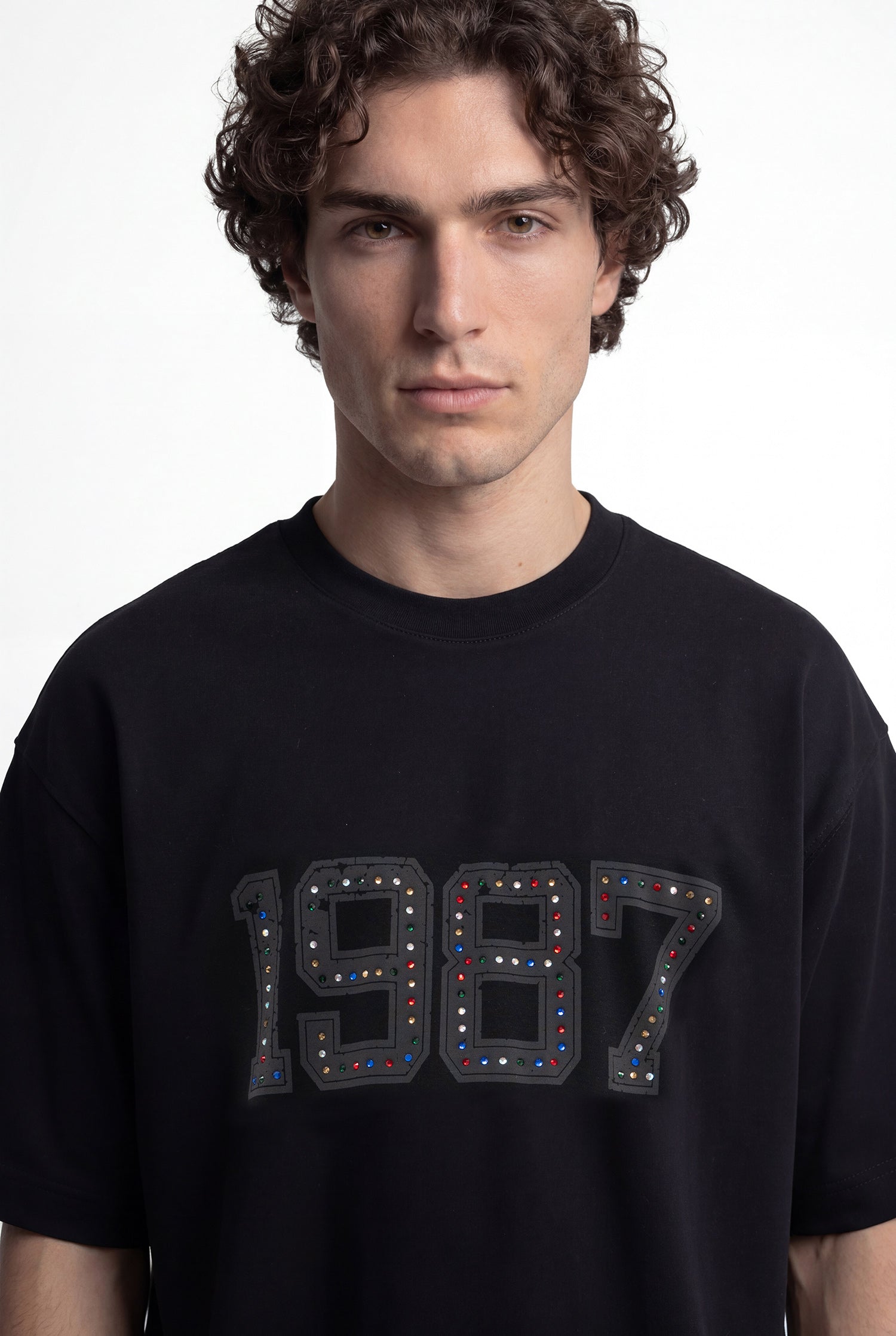 Erkek 1987 Taşlı İnterlok Oversize Tişört Siyah