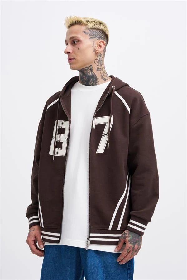 Erkek 87 Aplique Zip Jacket Koyu Kahverengi