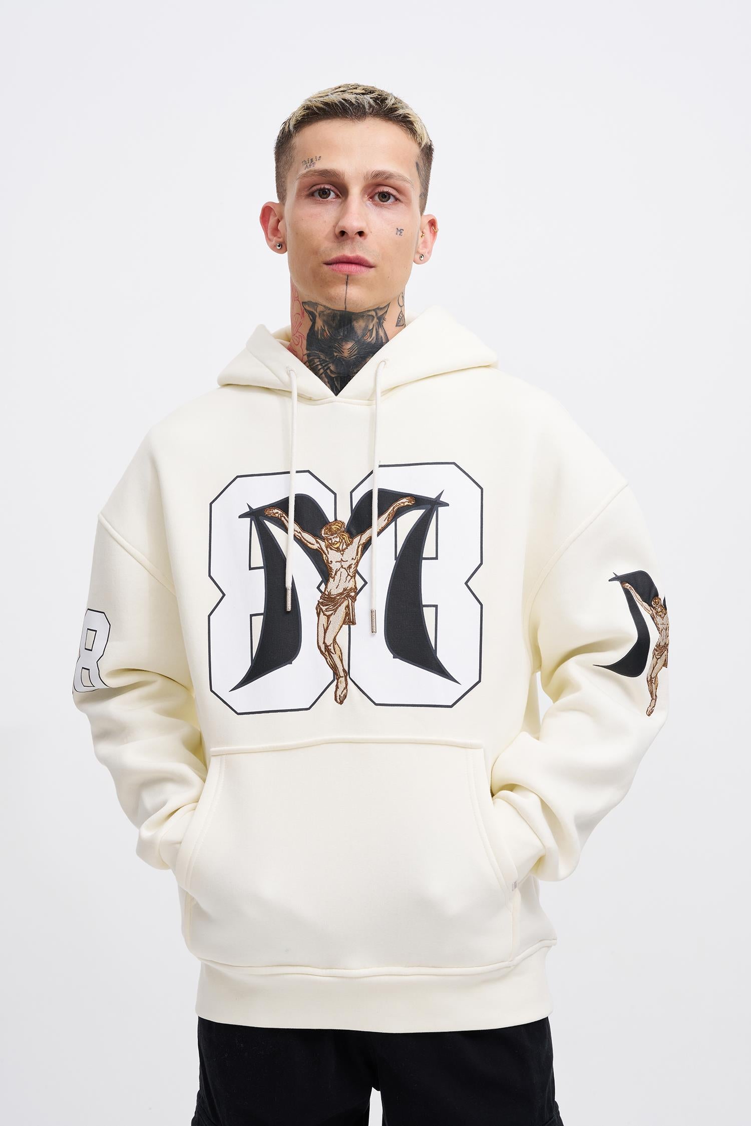 Erkek 88 Jesus Baskılı Oversize Sweatshirt Ekru