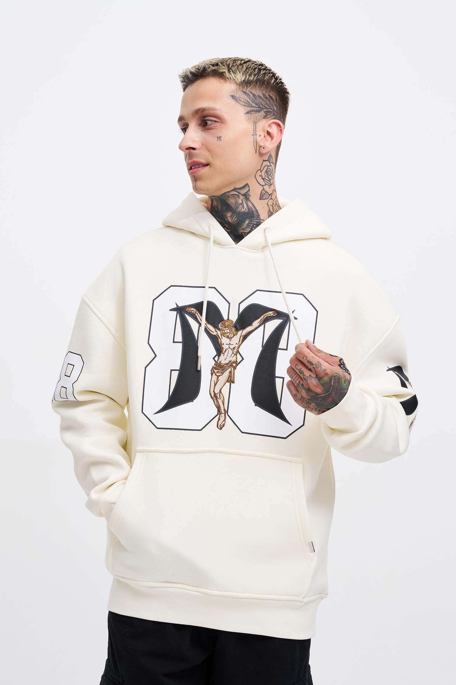 Erkek 88 Jesus Baskılı Oversize Sweatshirt Ekru