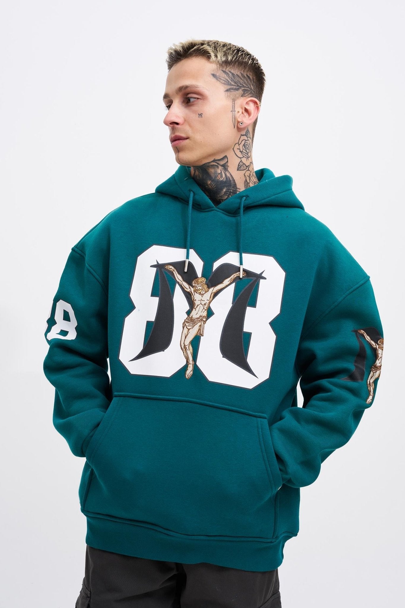 Erkek 88 Jesus Baskılı Oversize Sweatshirt Petrol Yeşili