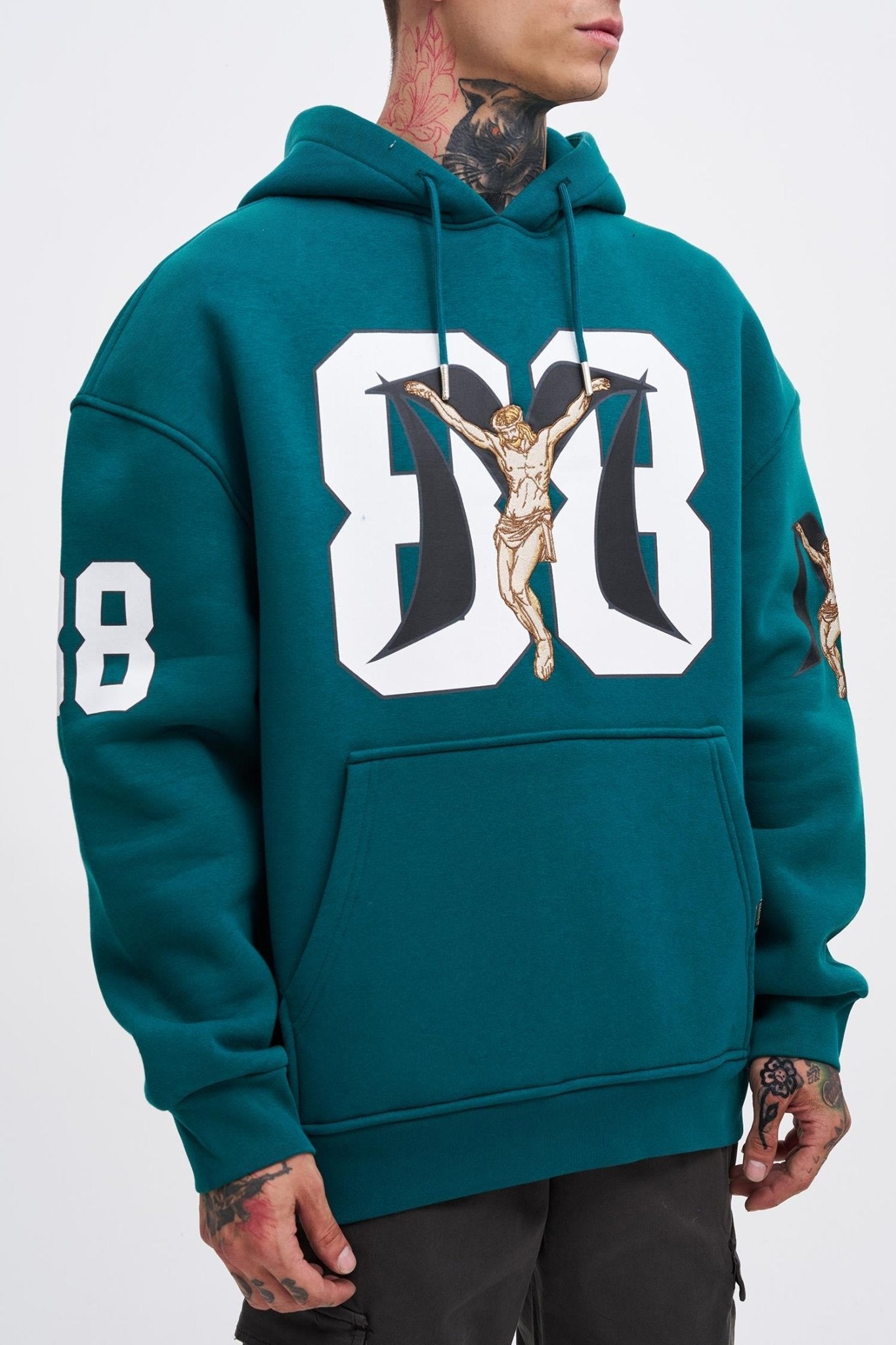 Erkek 88 Jesus Baskılı Oversize Sweatshirt Petrol Yeşili