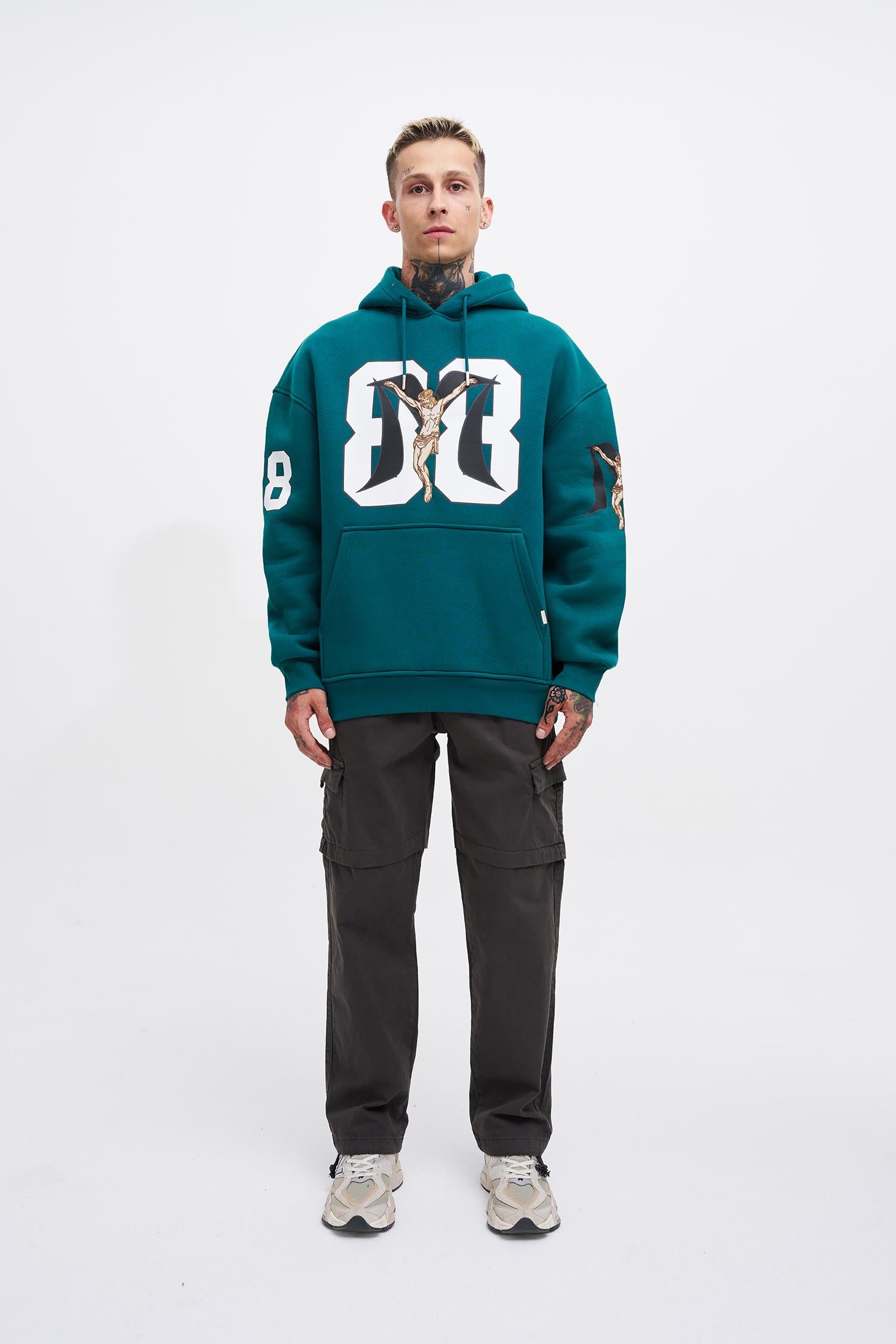 Erkek 88 Jesus Baskılı Oversize Sweatshirt Petrol Yeşili